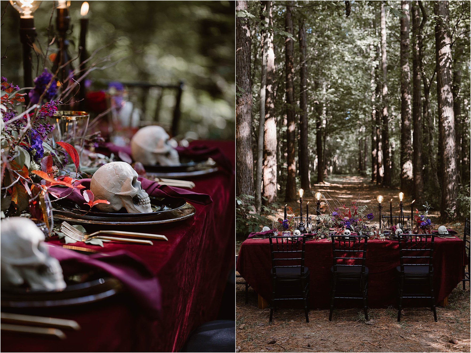 burgundy and black Halloween wedding table and reception