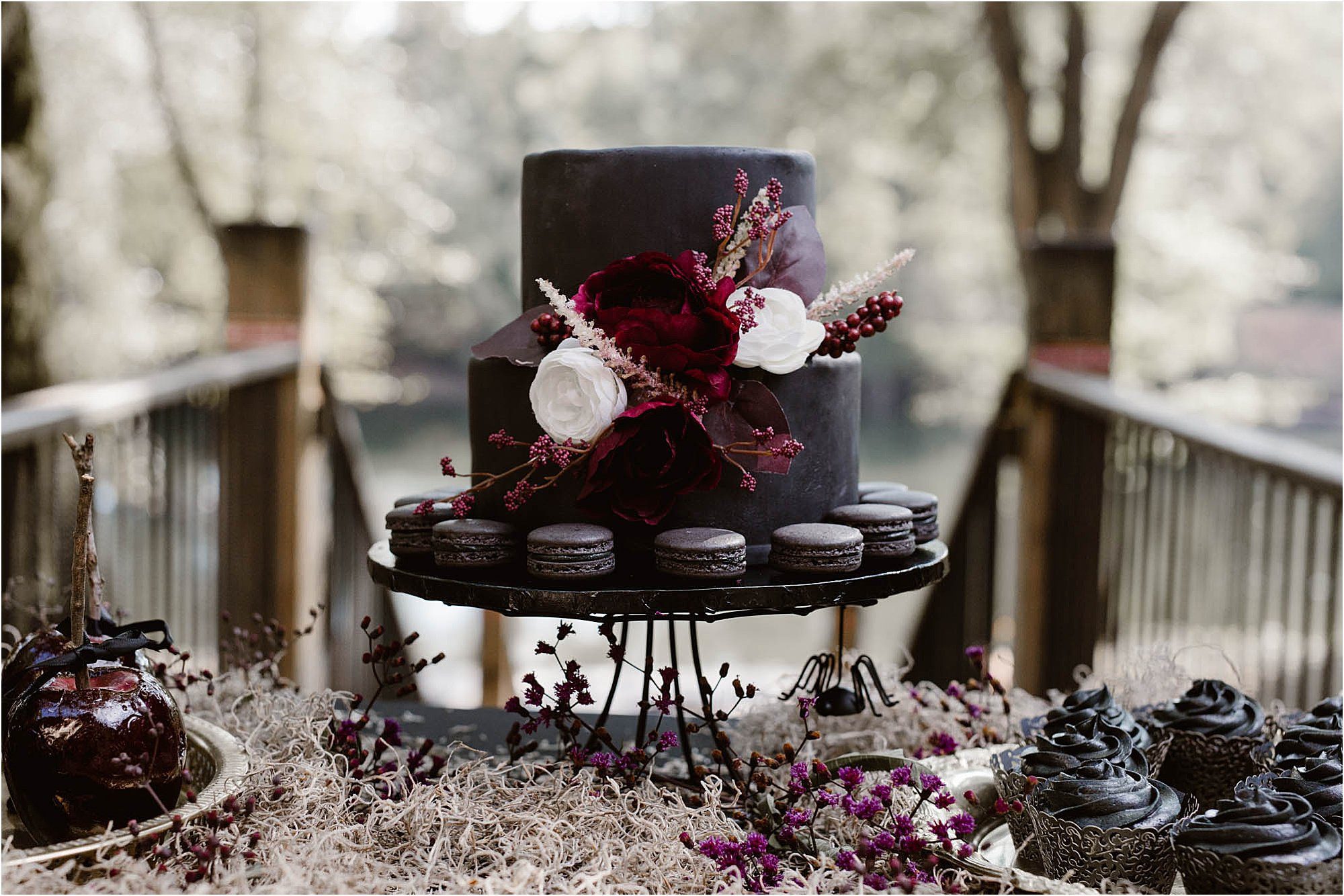 black, white, and burgundy cake
