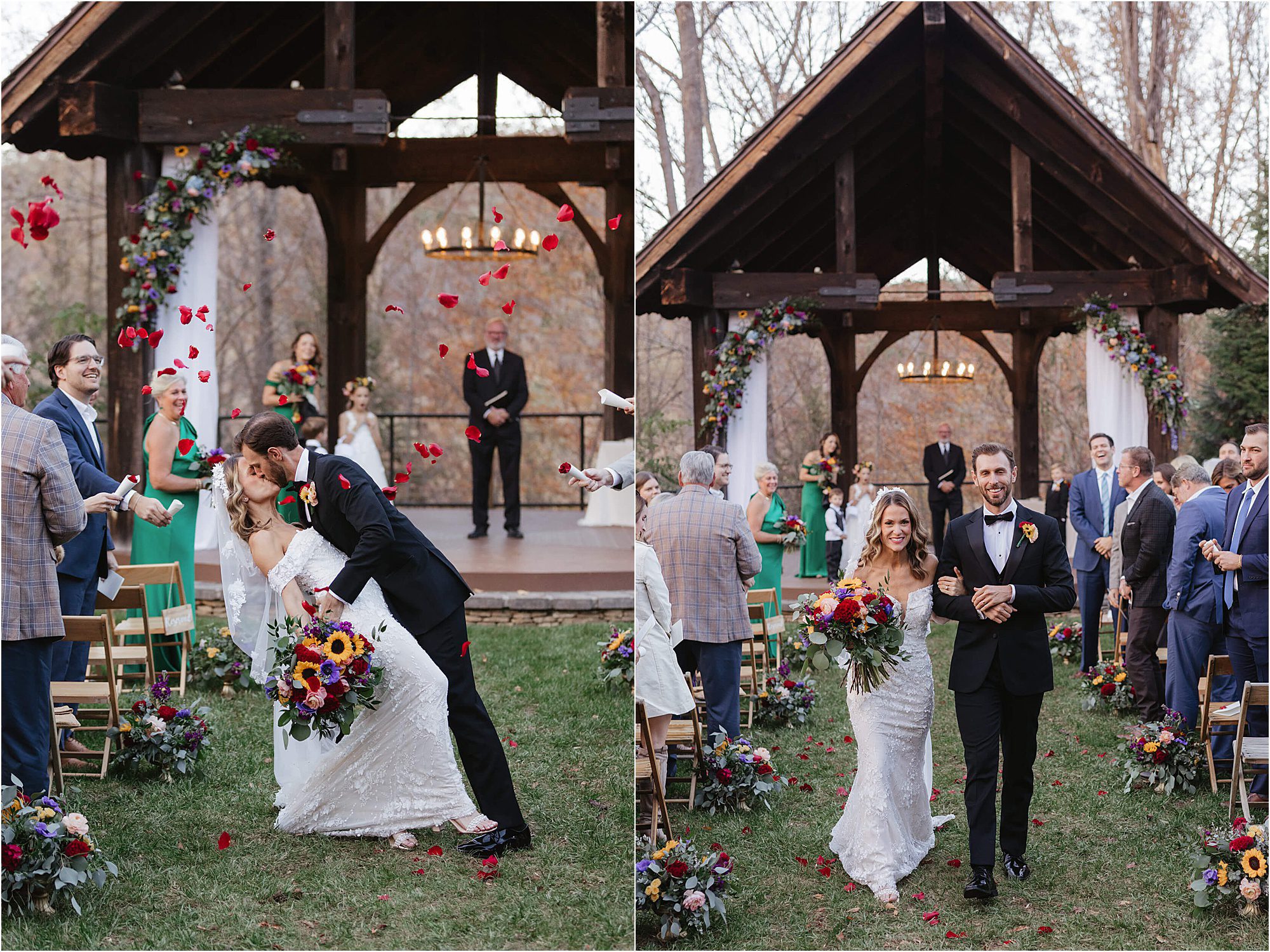 Two wedding photos: On the left, a bride and groom share a kiss as red rose petals are tossed around them—a romantic take on Wedding Exit Ideas. On the right, they walk arm in arm, smiling, with guests applauding on either side of the aisle.