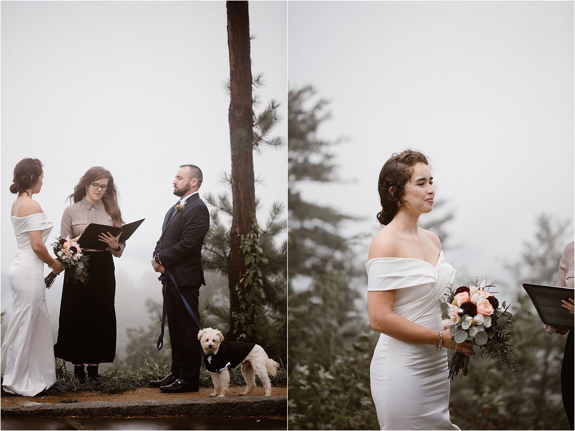 bride and groom elope on rainy day in the mountains