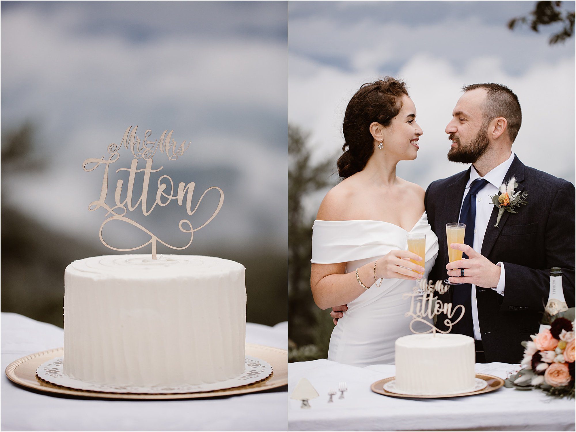 bride and groom toast and eat cake at elopement
