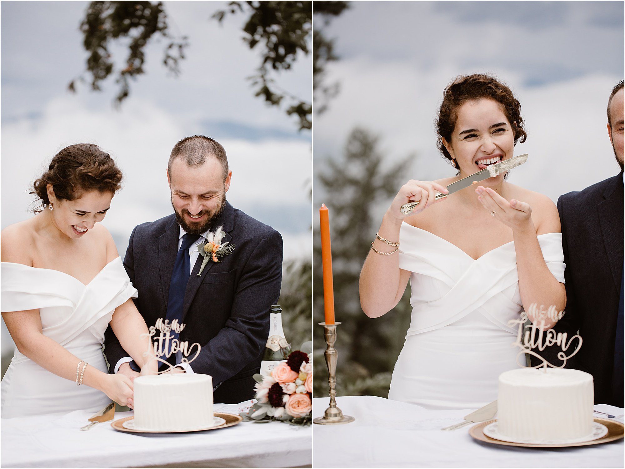 bride and groom cut cake at elopement