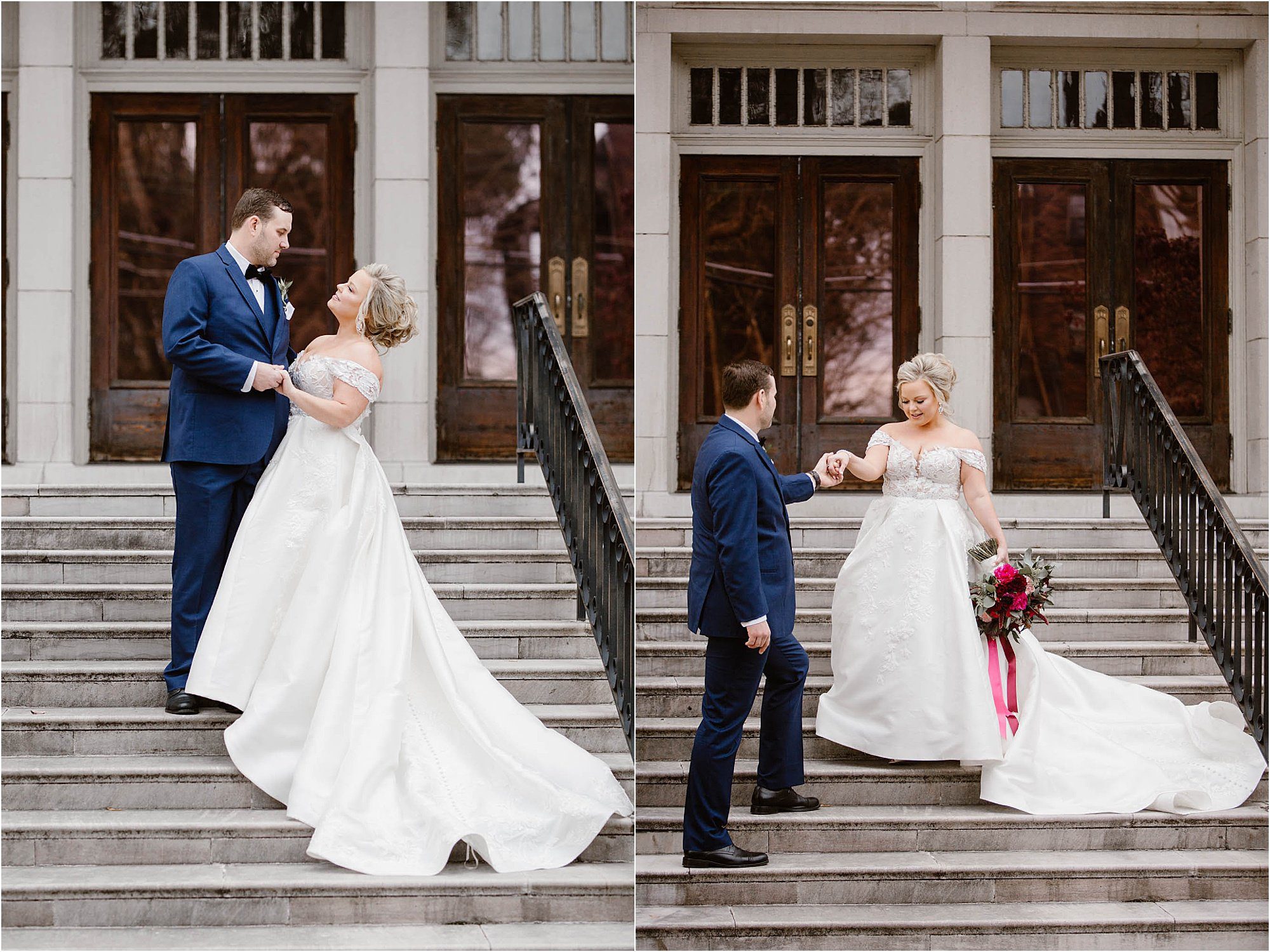 bride and groom standing on front stairs of church