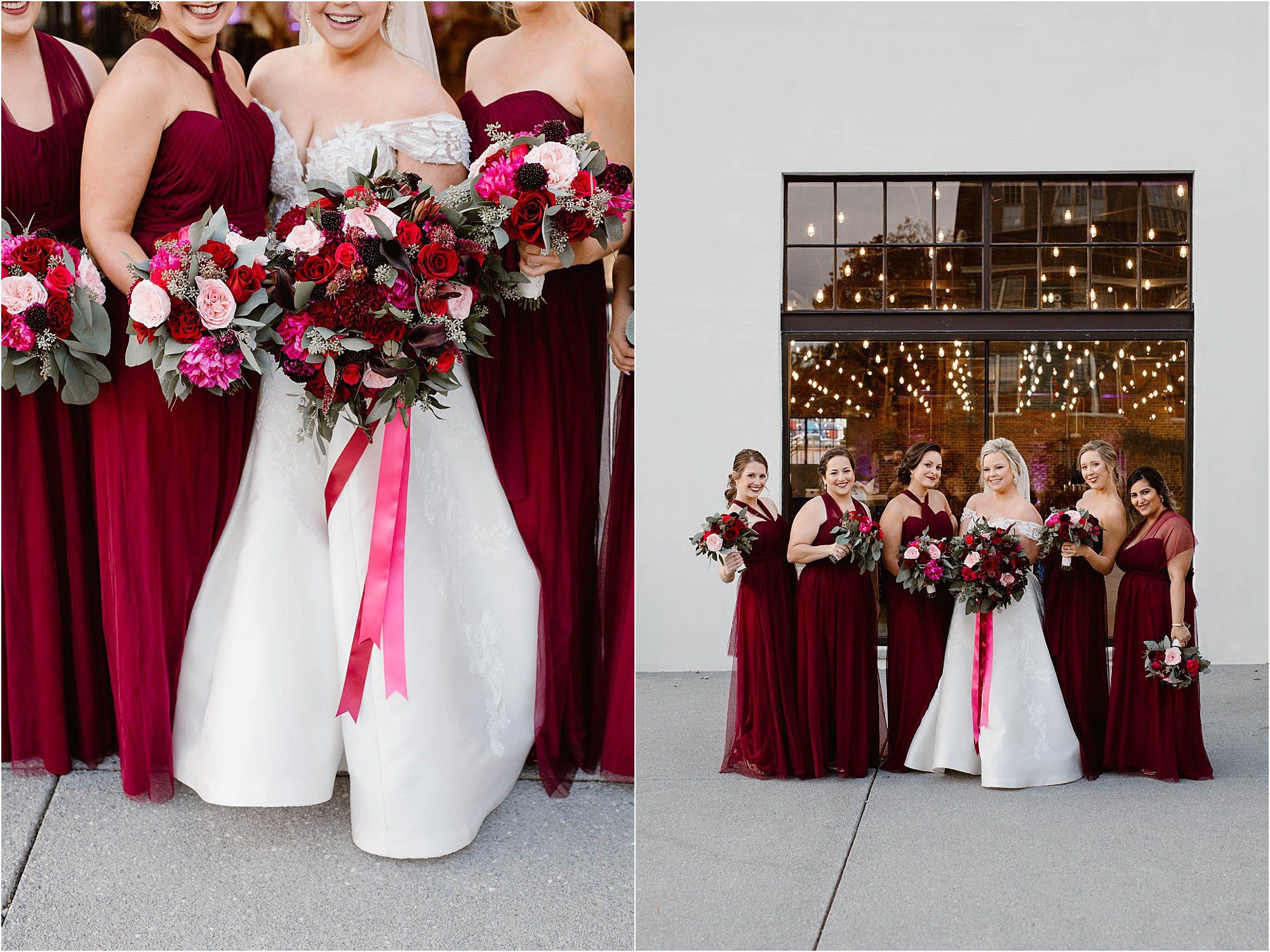 bridesmaids in burgundy and pink dresses