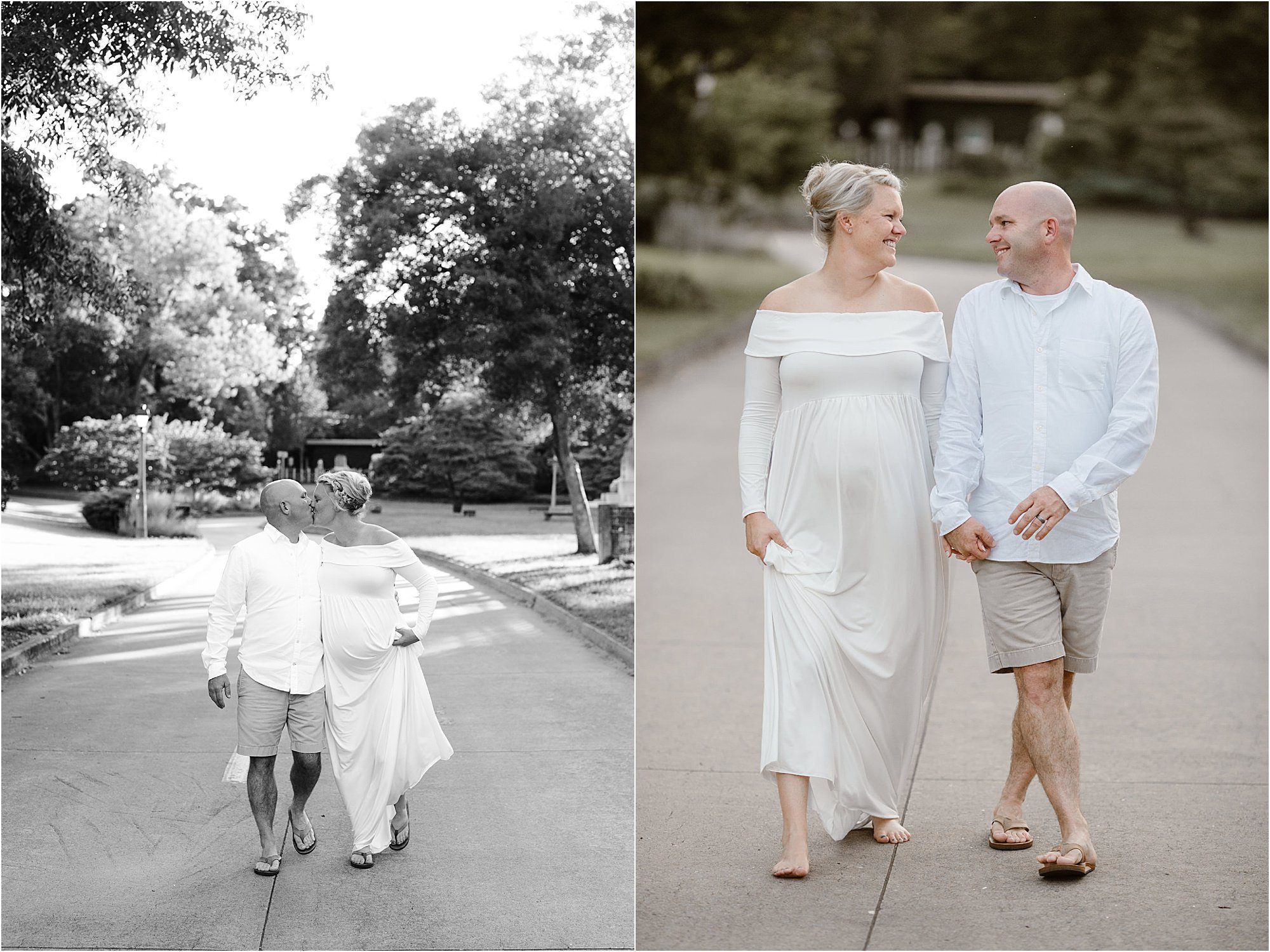 man and woman in white dress posing for maternity photos