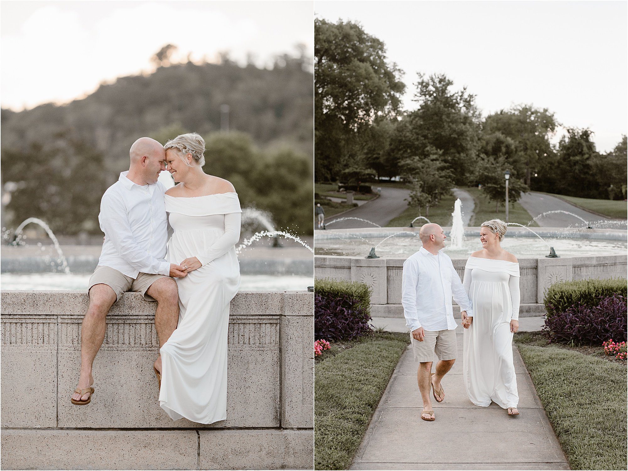 man and woman in white sit at water fountain in Sequoyah Hills