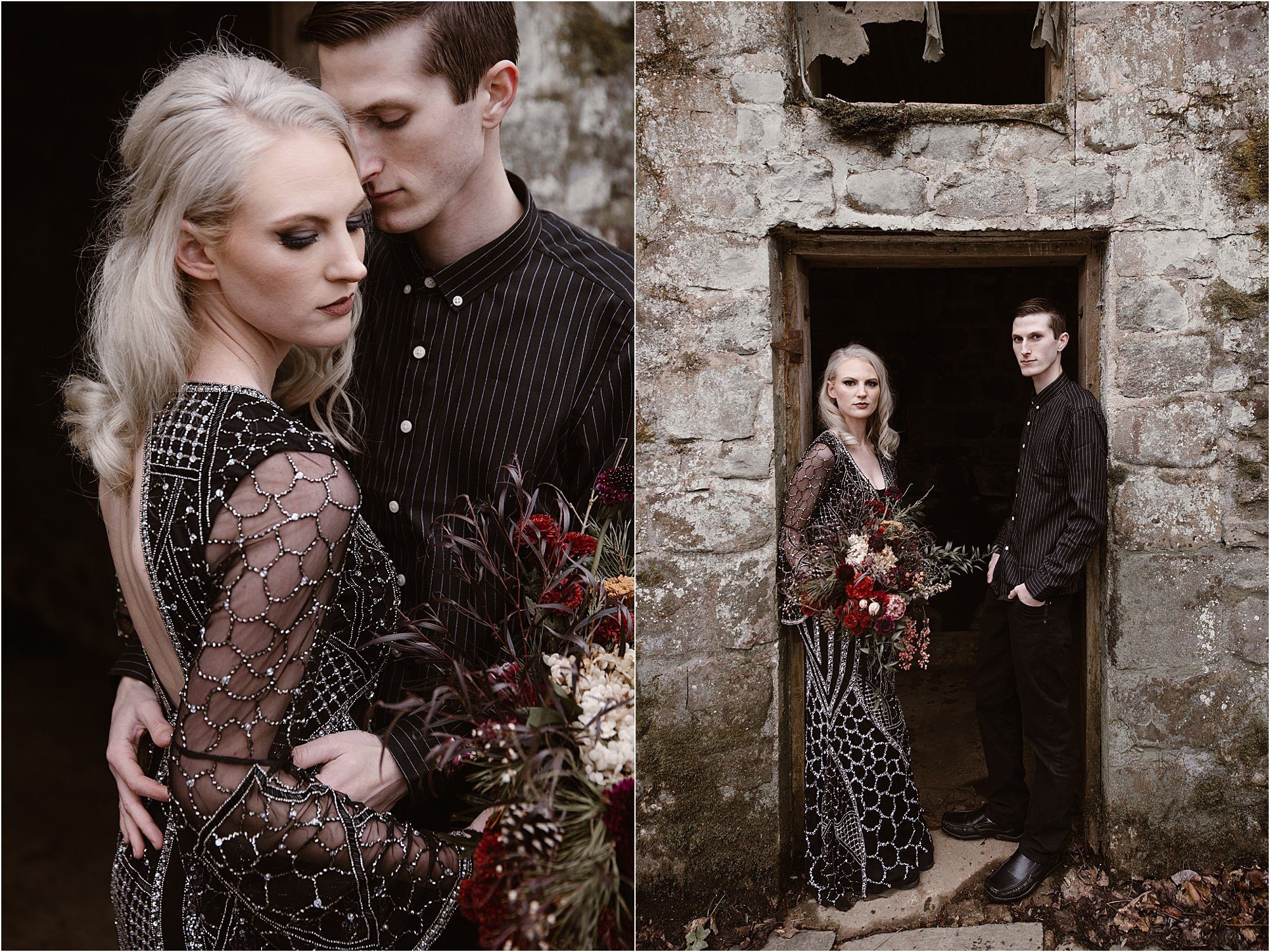 bride and groom in black wedding outfits at moody engagement photos