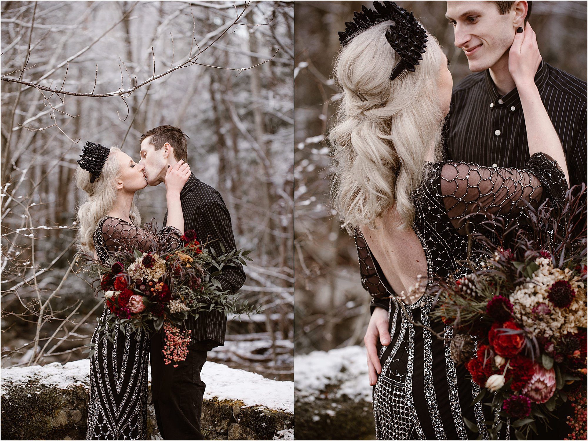 woman in beaded black wedding dress with black crown and red bouquet