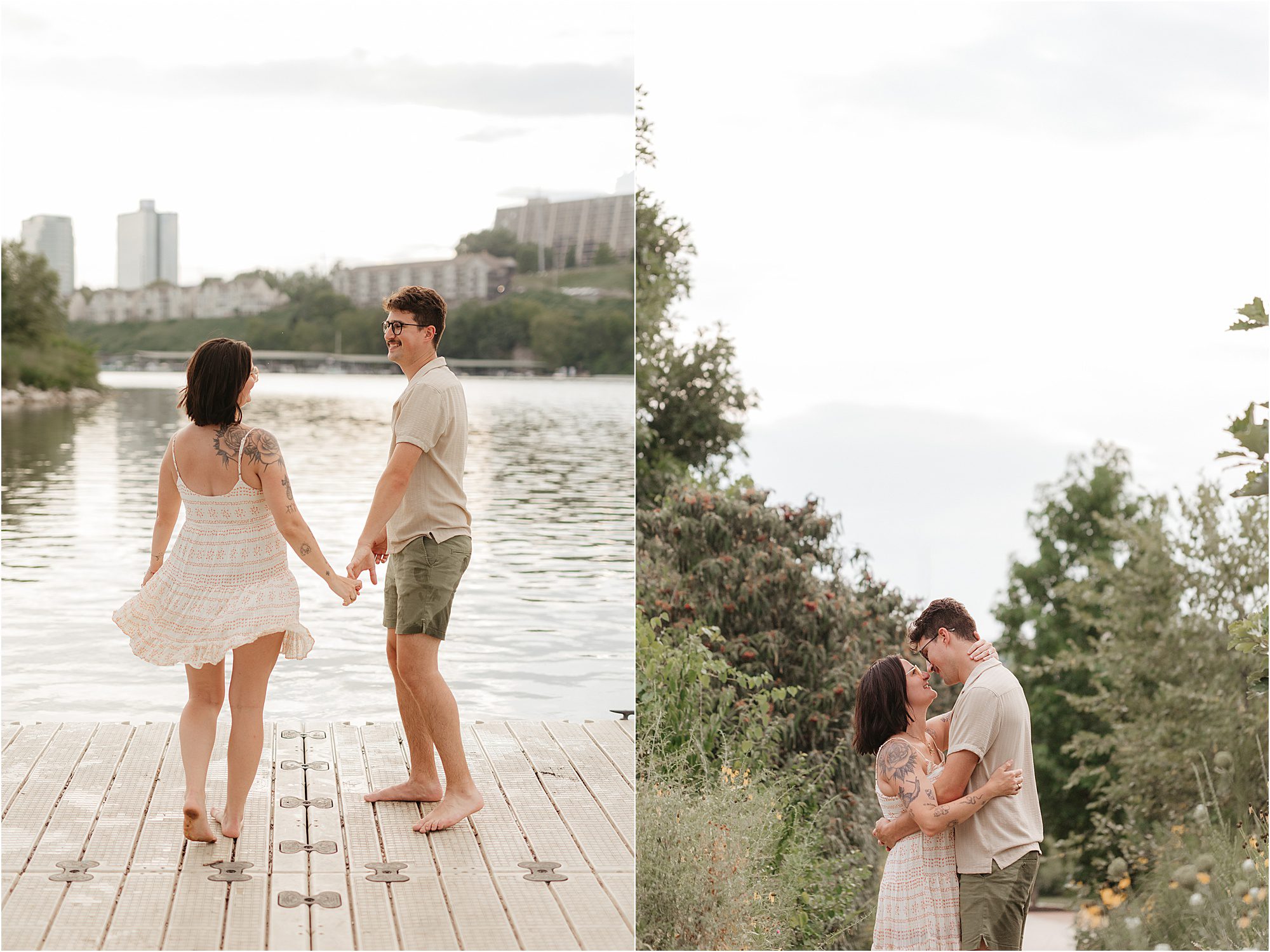 A couple enjoys a summer day: on the left, they hold hands and smile by the water; on the right, they embrace and share a kiss surrounded by greenery—capturing perfect Engagement Session Locations in Knoxville.