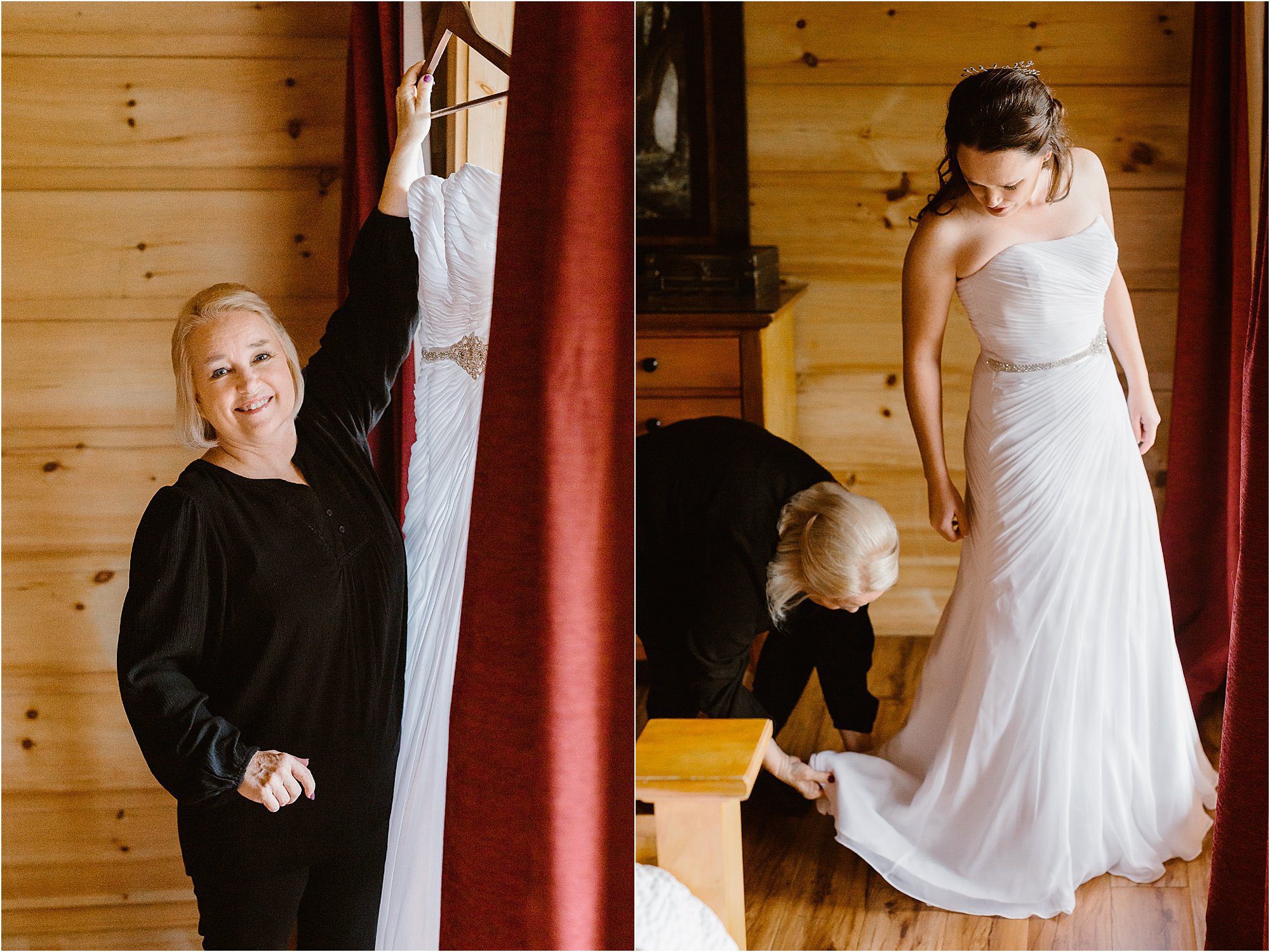 bride getting ready at cabin wedding in the Smokies