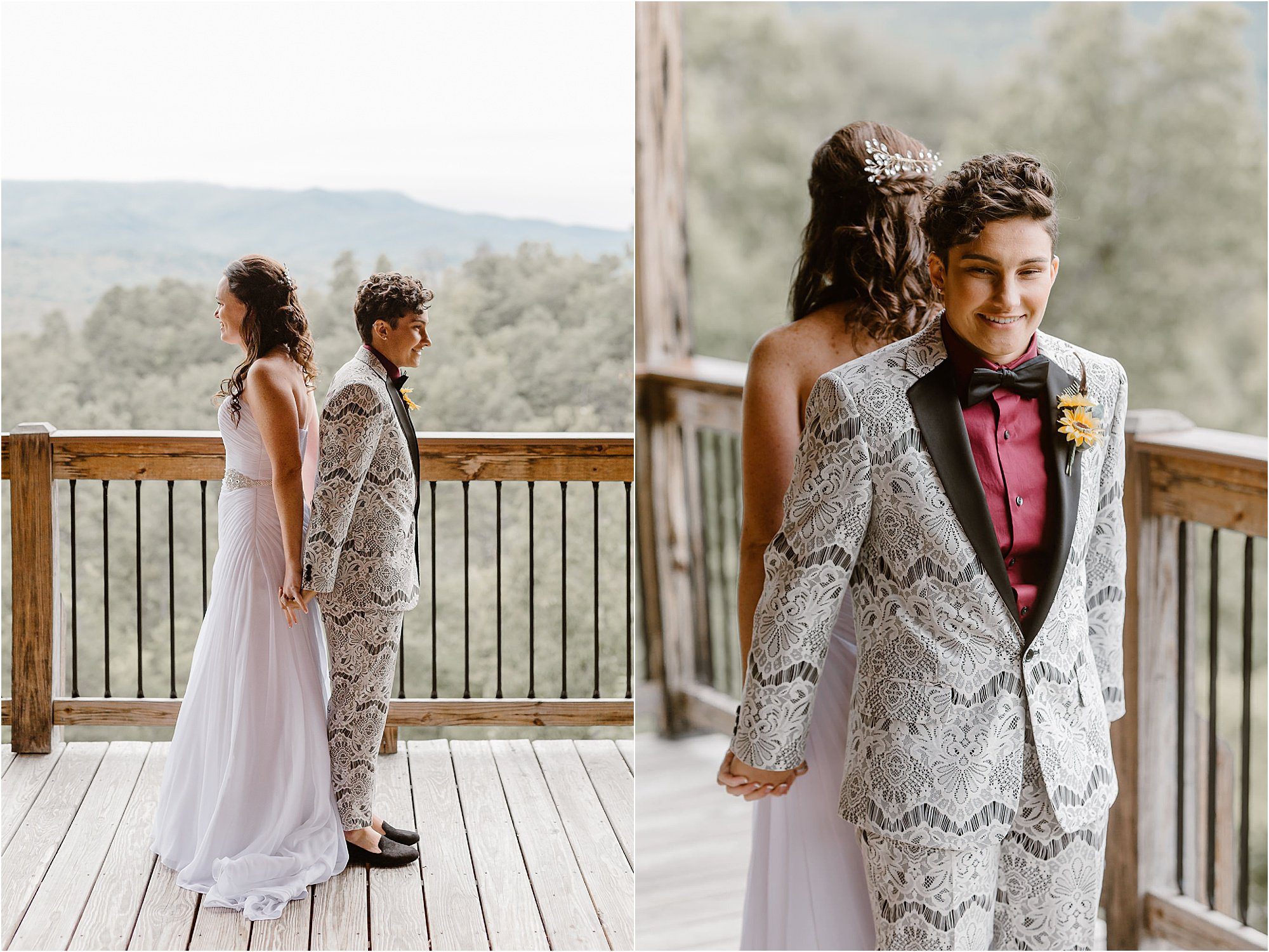 first look with bride and bride at cabin the Smoky Mountains