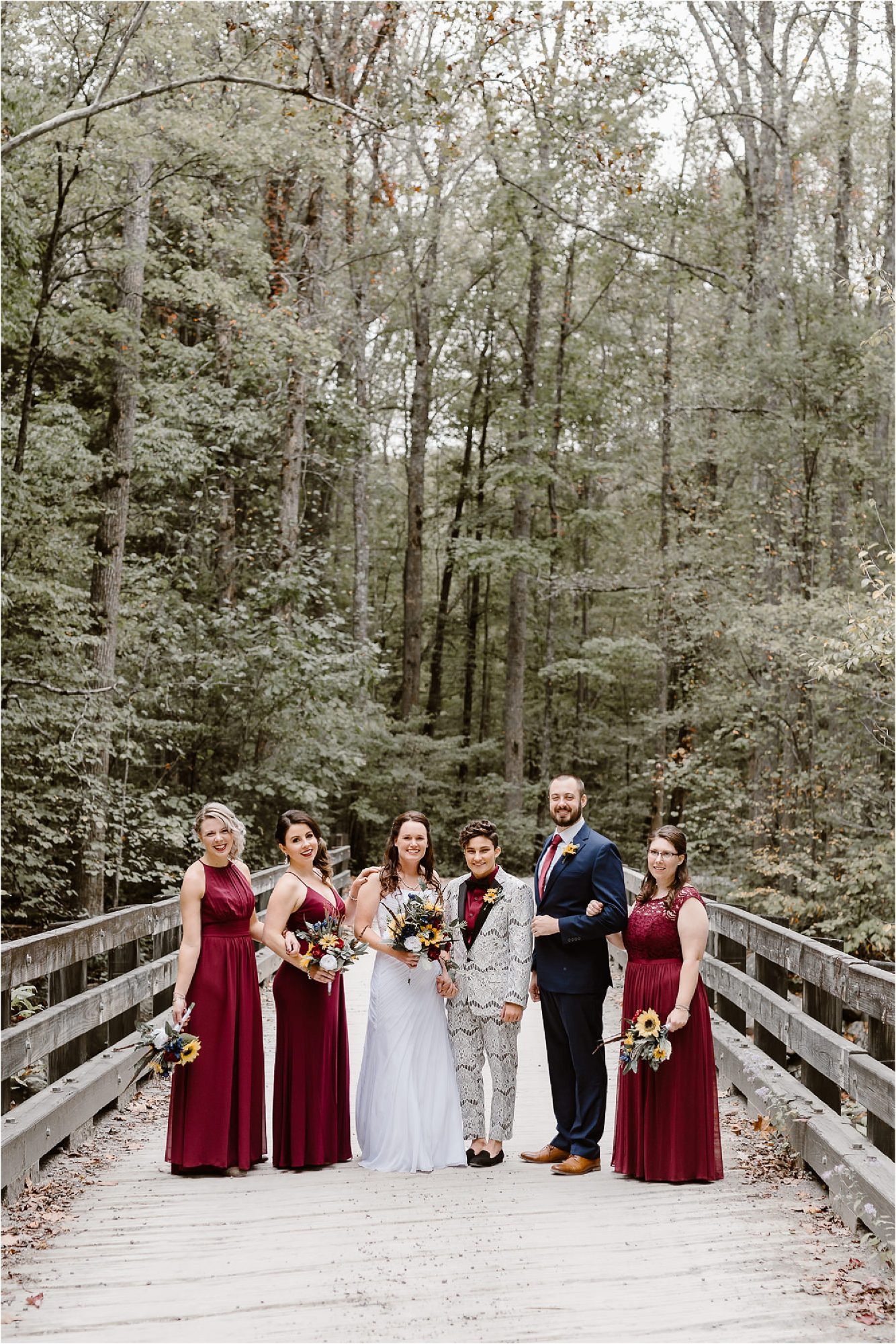wedding party photos in the forest at Greenbrier