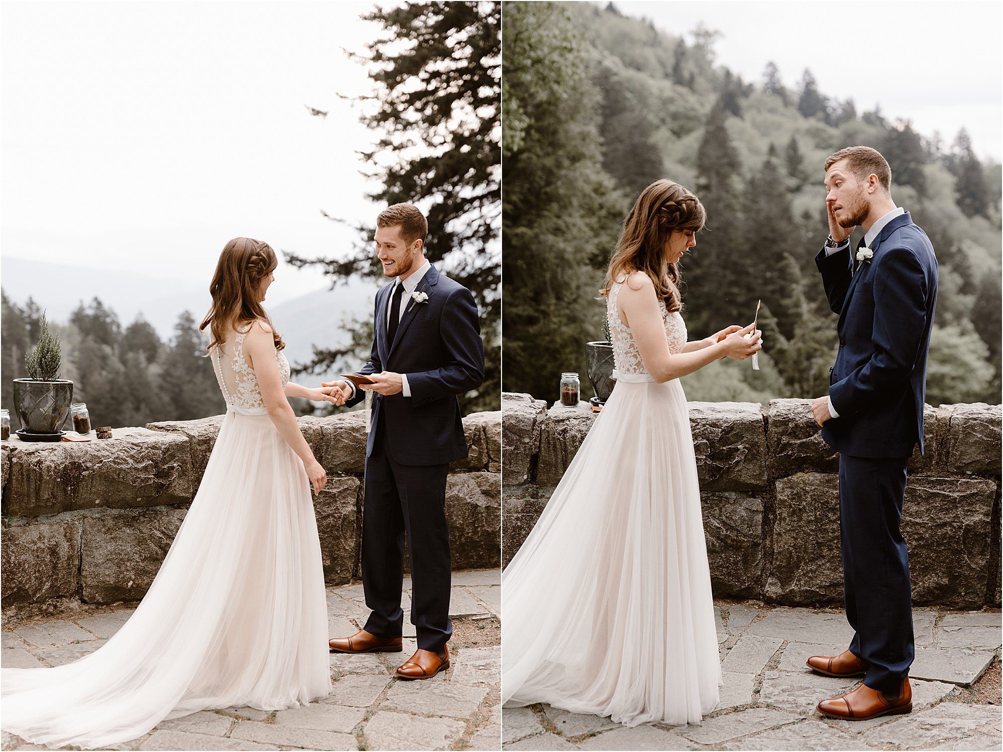 groom reads wedding vows to bride at elopement in Smokiese