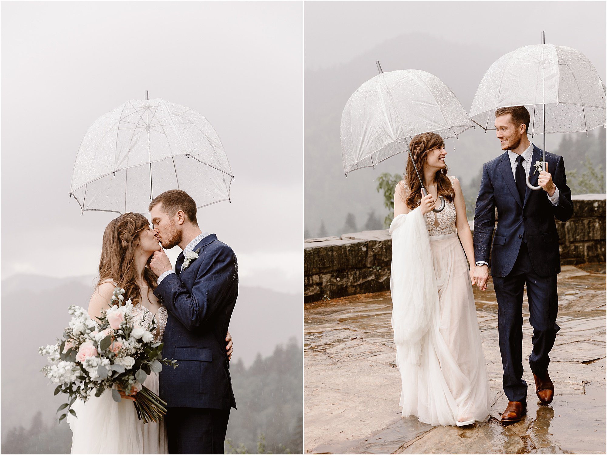 bride and groom kiss and walk under clear umbrellas