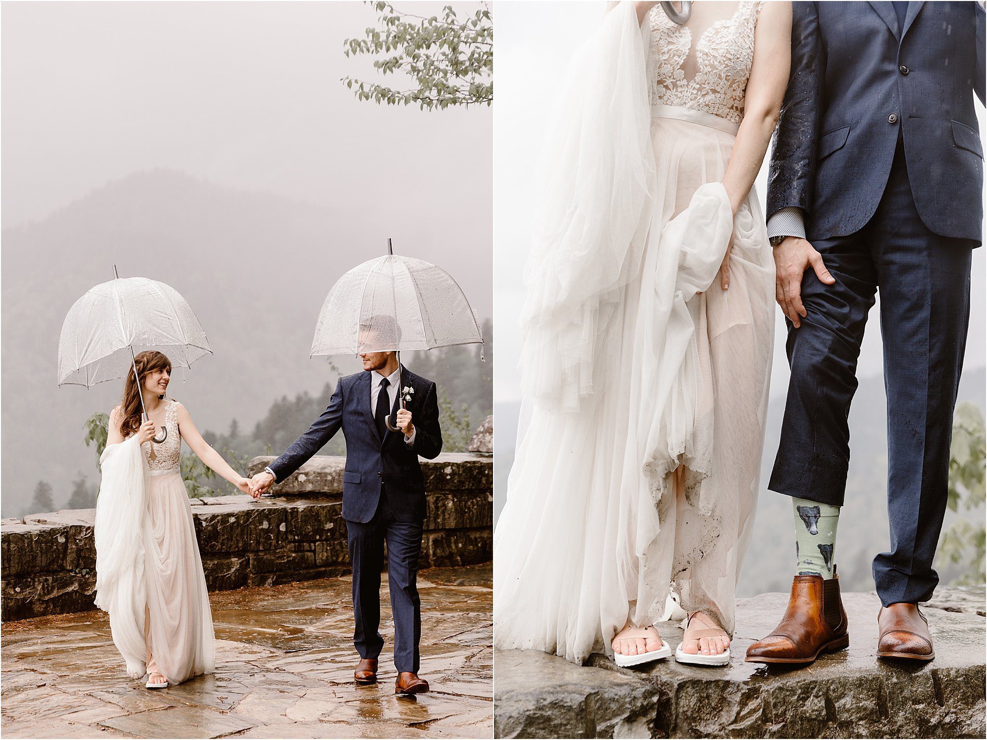 bride and groom walk under clear umbrellas at Newfound Gap Parking Area