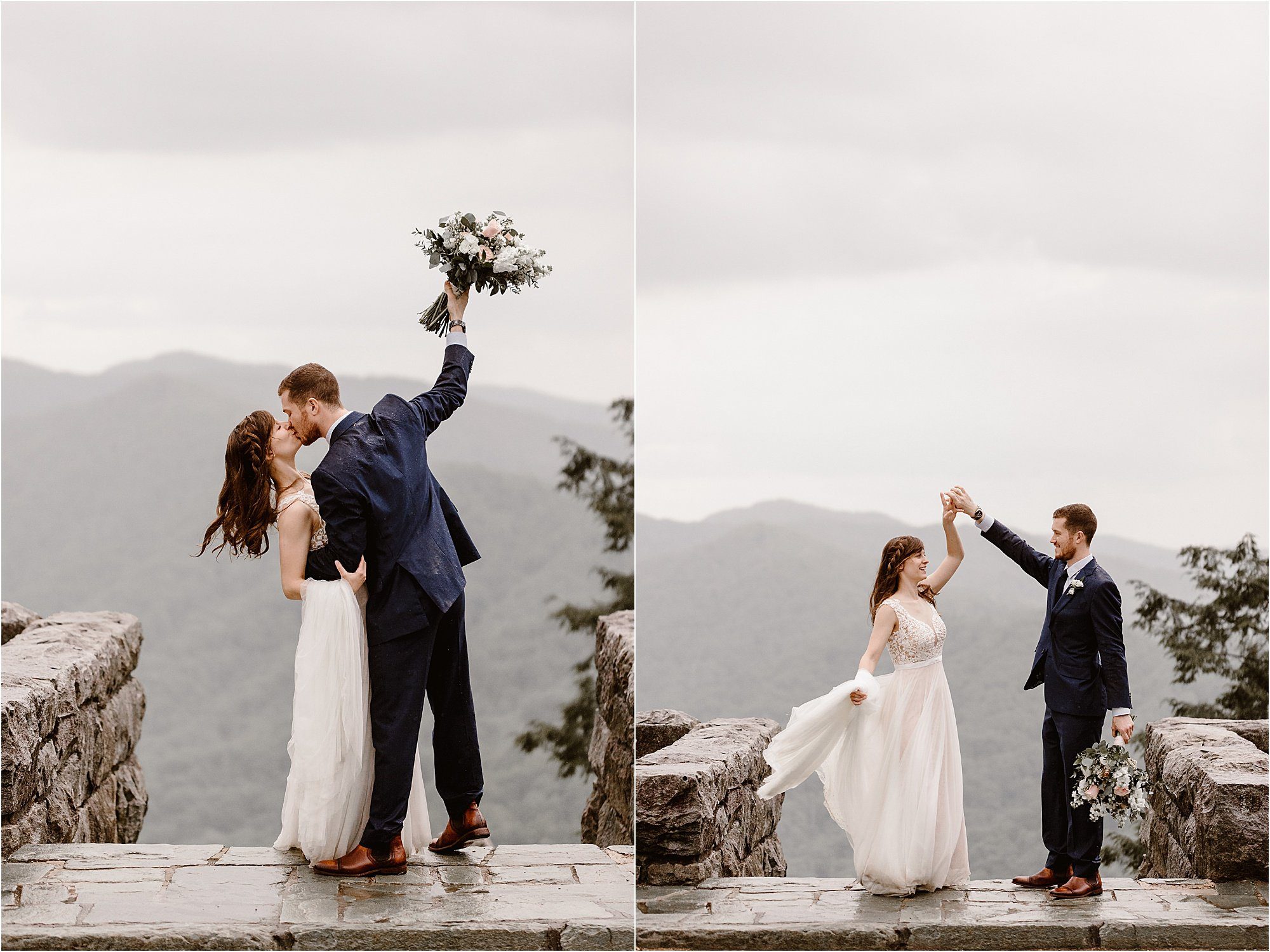 groom twirls bride on stairs overlooking Smoky Mountains