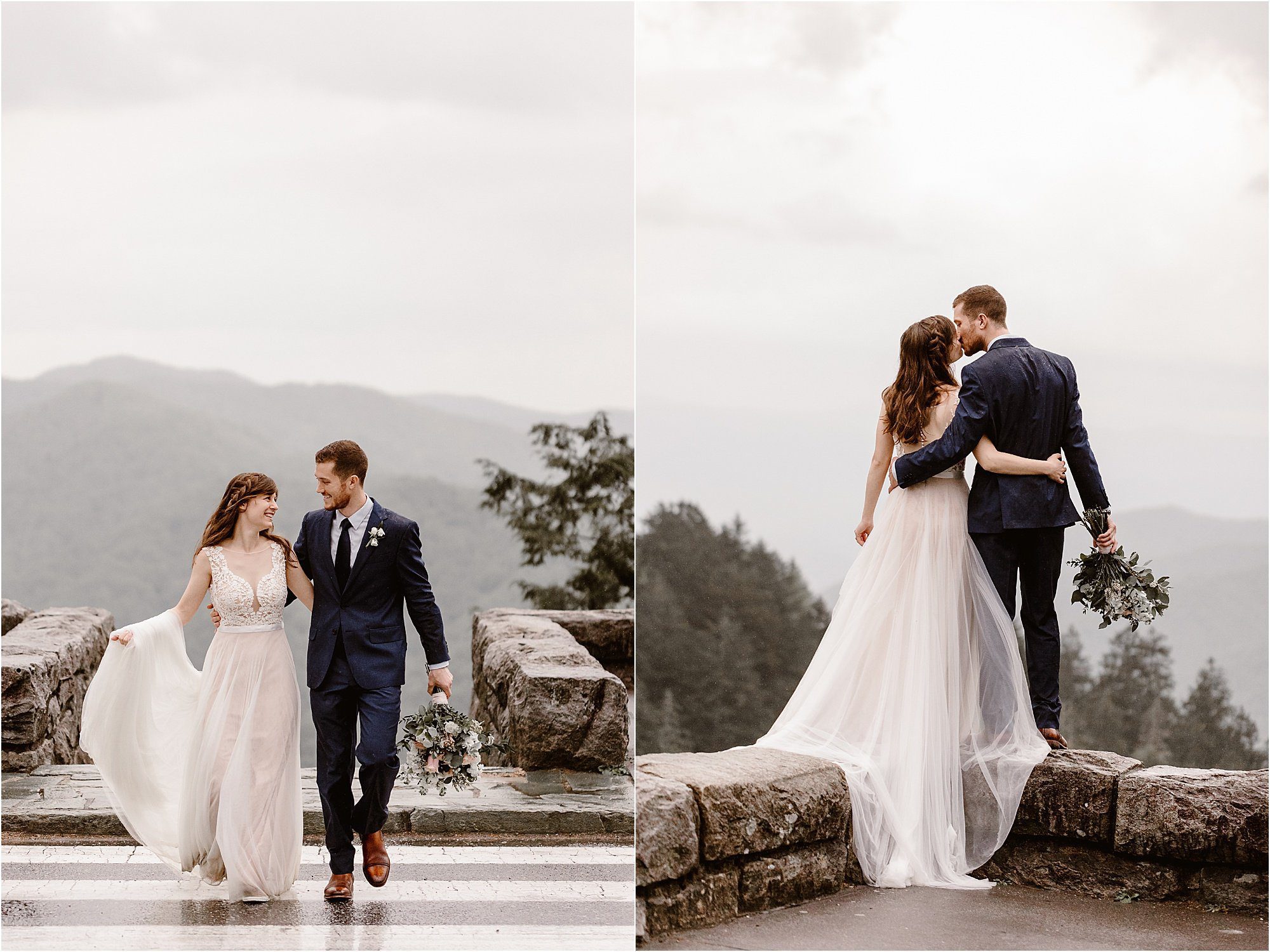 groom and bride stand on rock wall and kiss while wearing wedding gown and suit