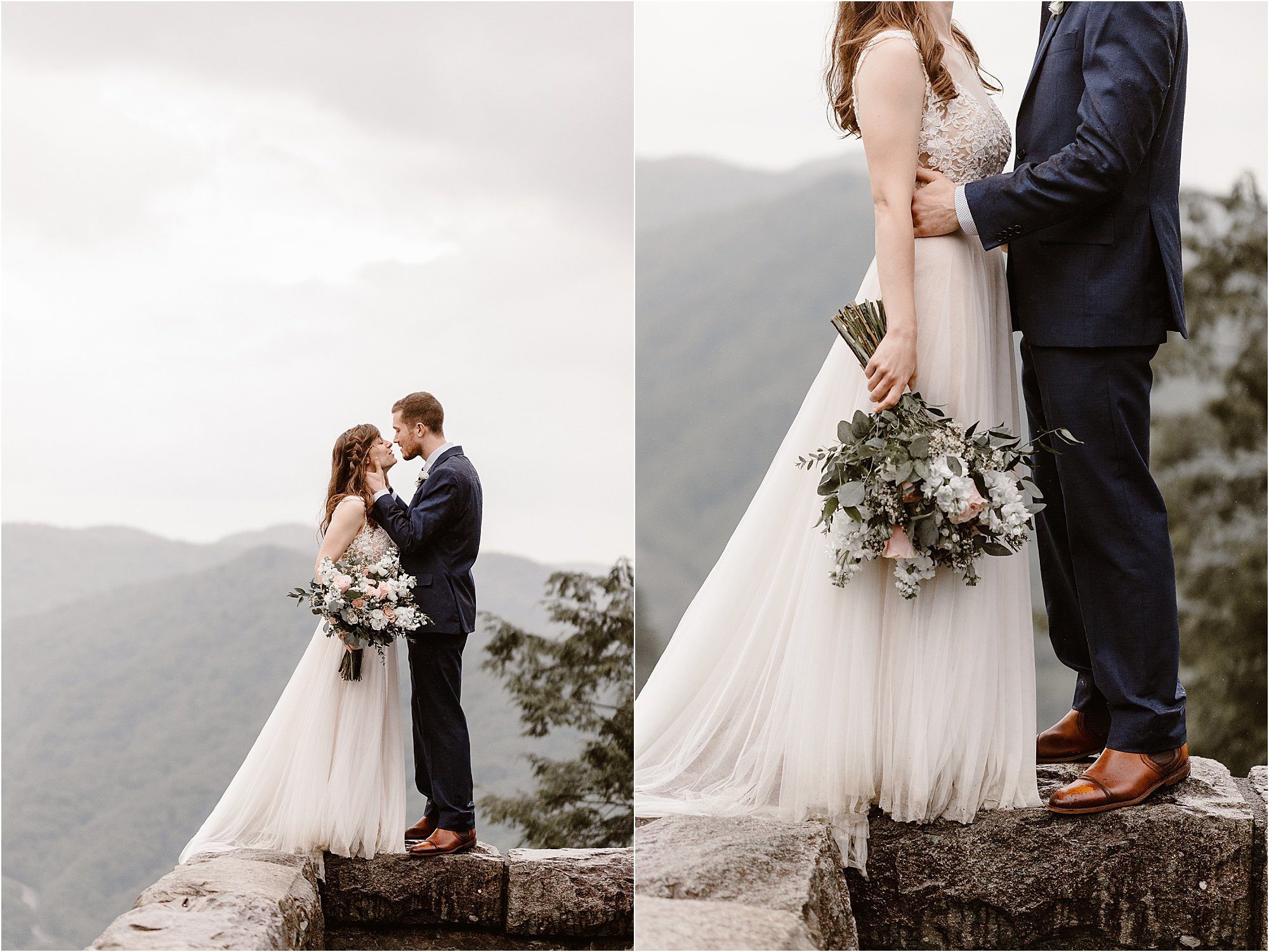bride and groom stand on edge of stone wall in forest