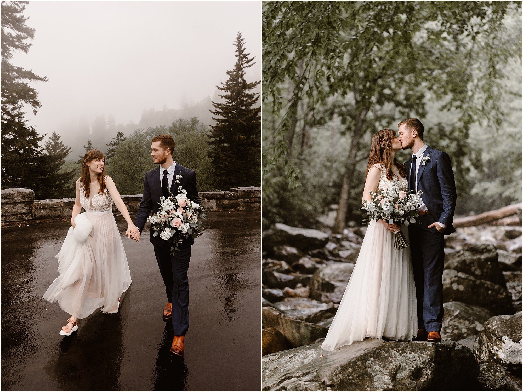 bride and groom kiss while walking along rainy parking area at Newfound Gap