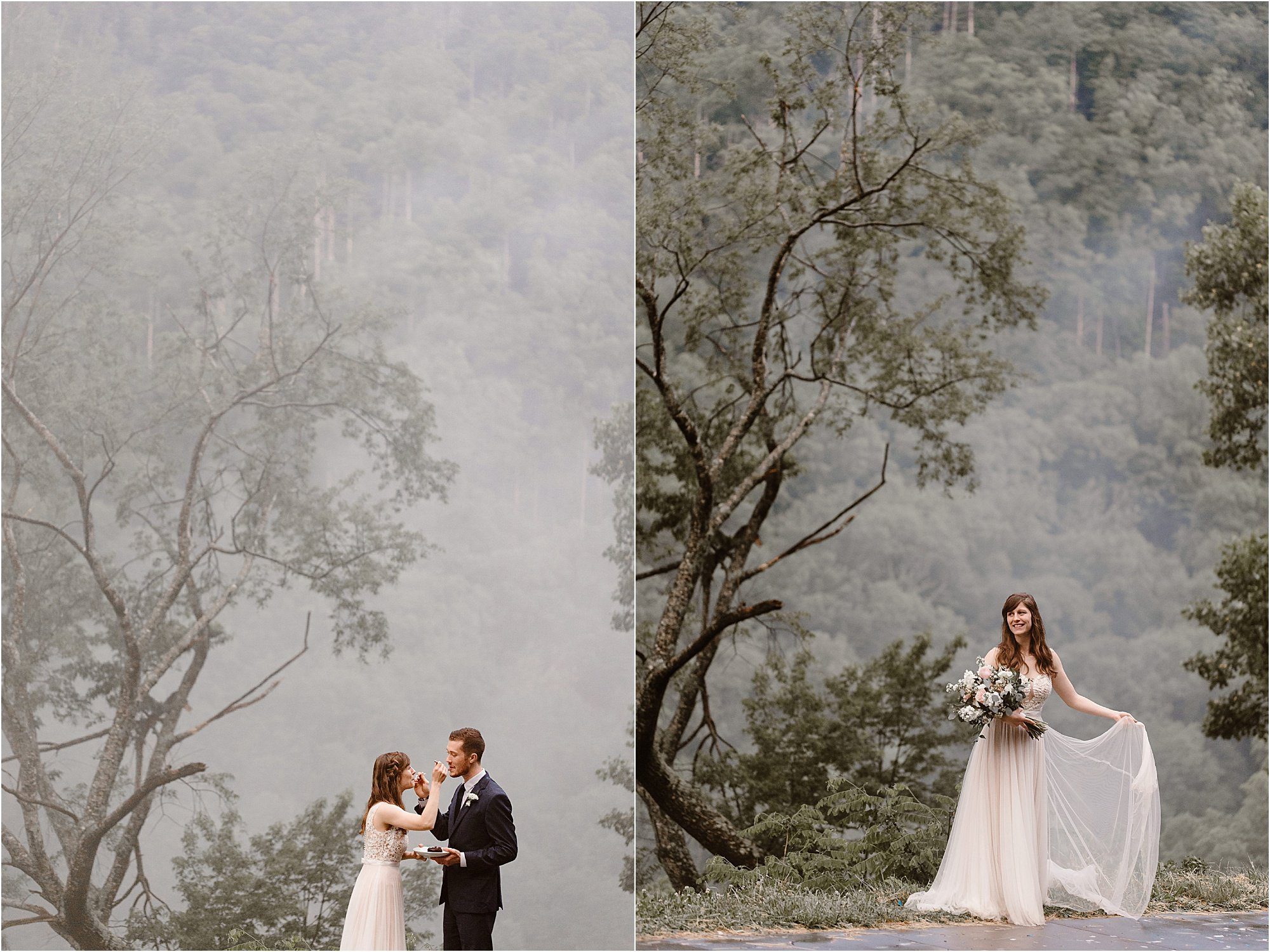 bride and groom eat wedding cake in the fog in the Smokiess