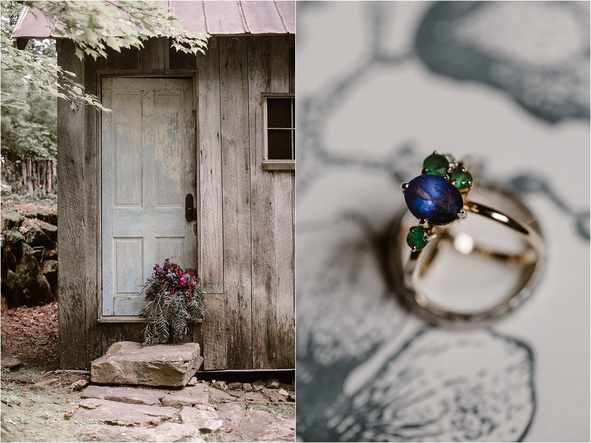 wildflower wedding bouquet and blue wedding ring