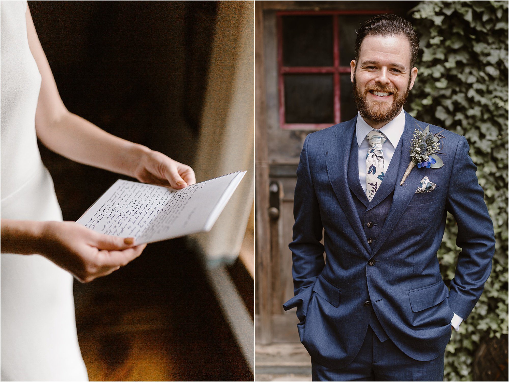bride and groom read letters to each other on wedding day