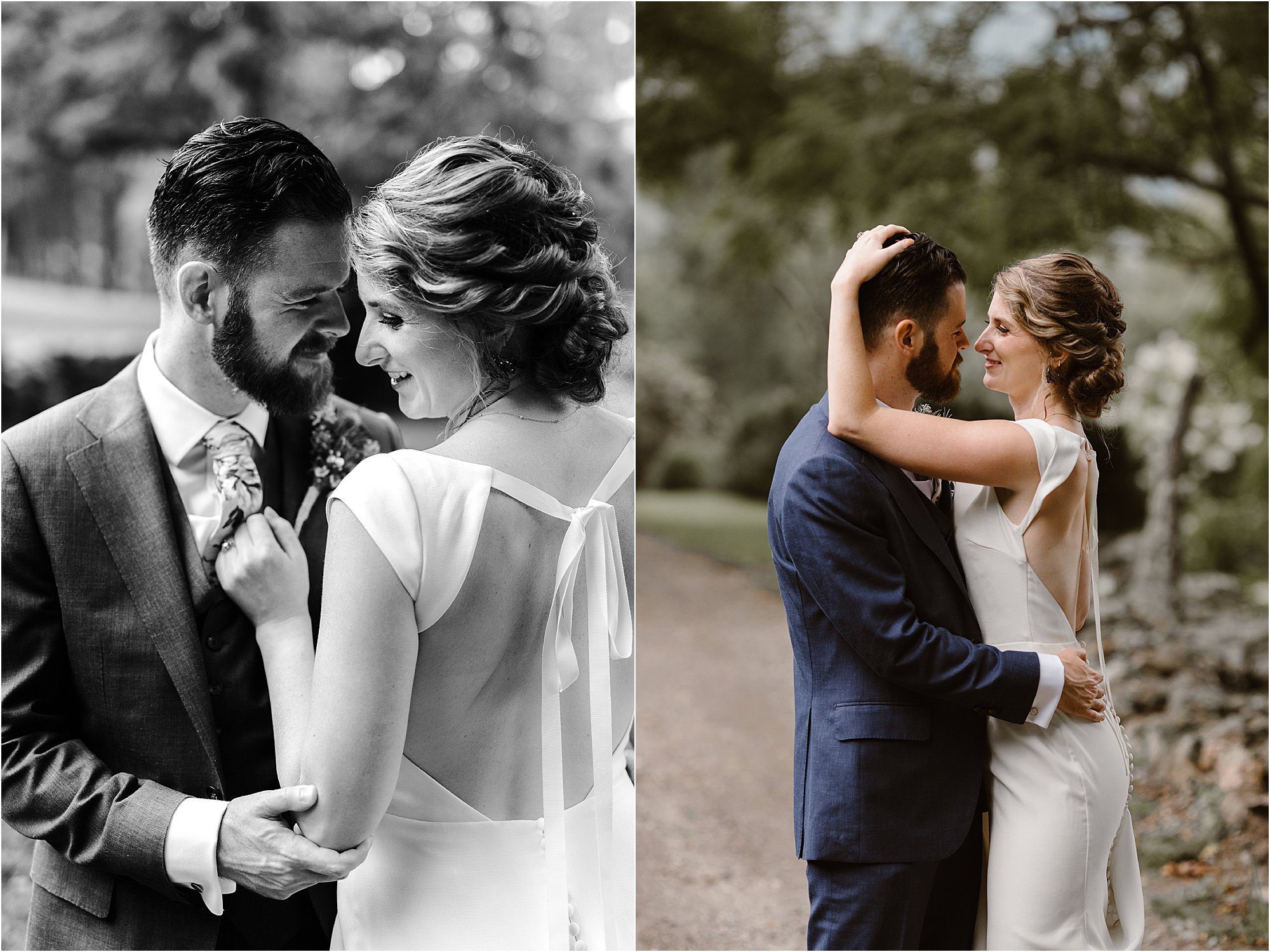 bride and groom hug and kiss while standing on dirt road in forest
