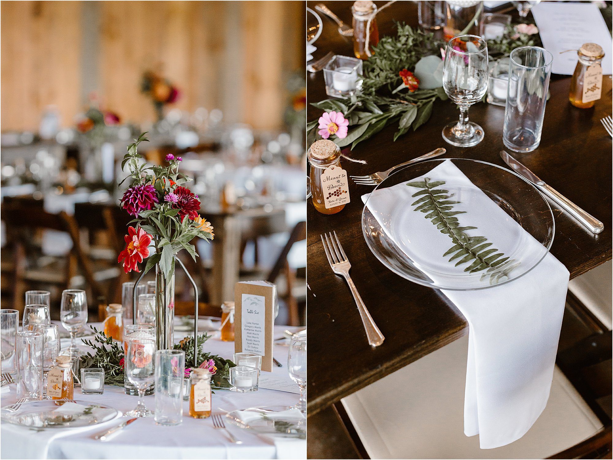 organic wildflower wedding with colorful Zinnias and clear plates with ferns