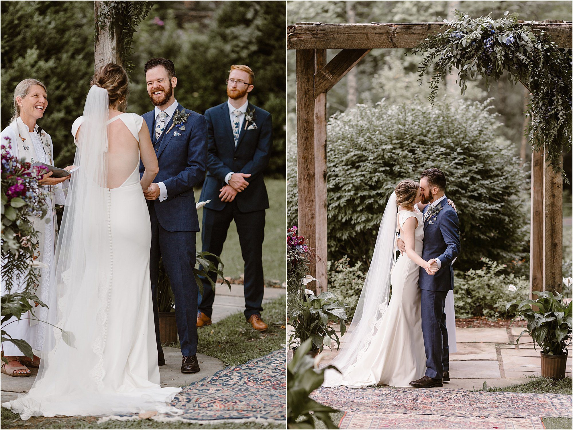 bride and groom kiss and walk down aisle at wedding
