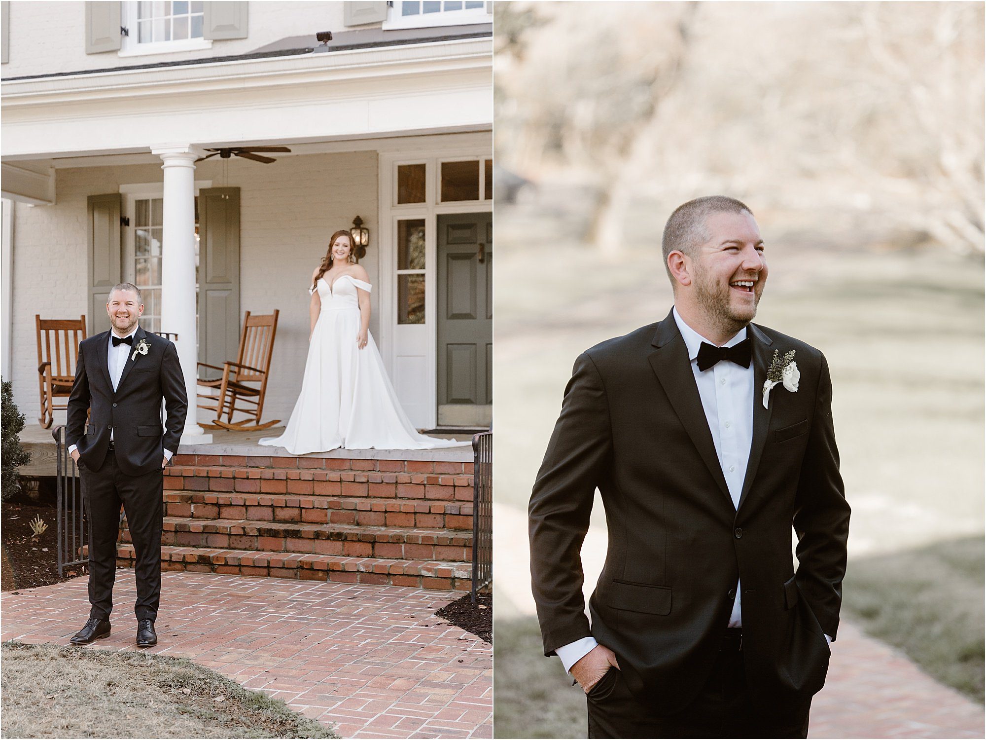 first look with bride and groom at black-tie wedding