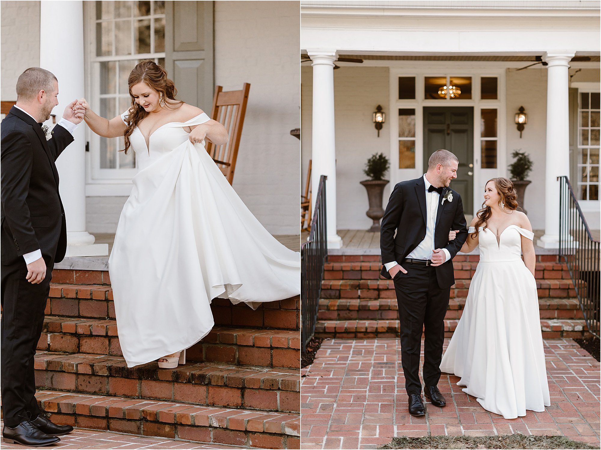 bride and groom walk on steps at estate black-tie wedding