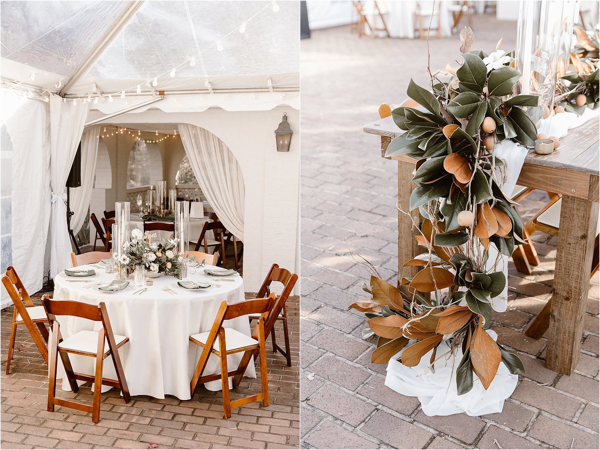 Magnolia decorations at estate black-tie wedding reception
