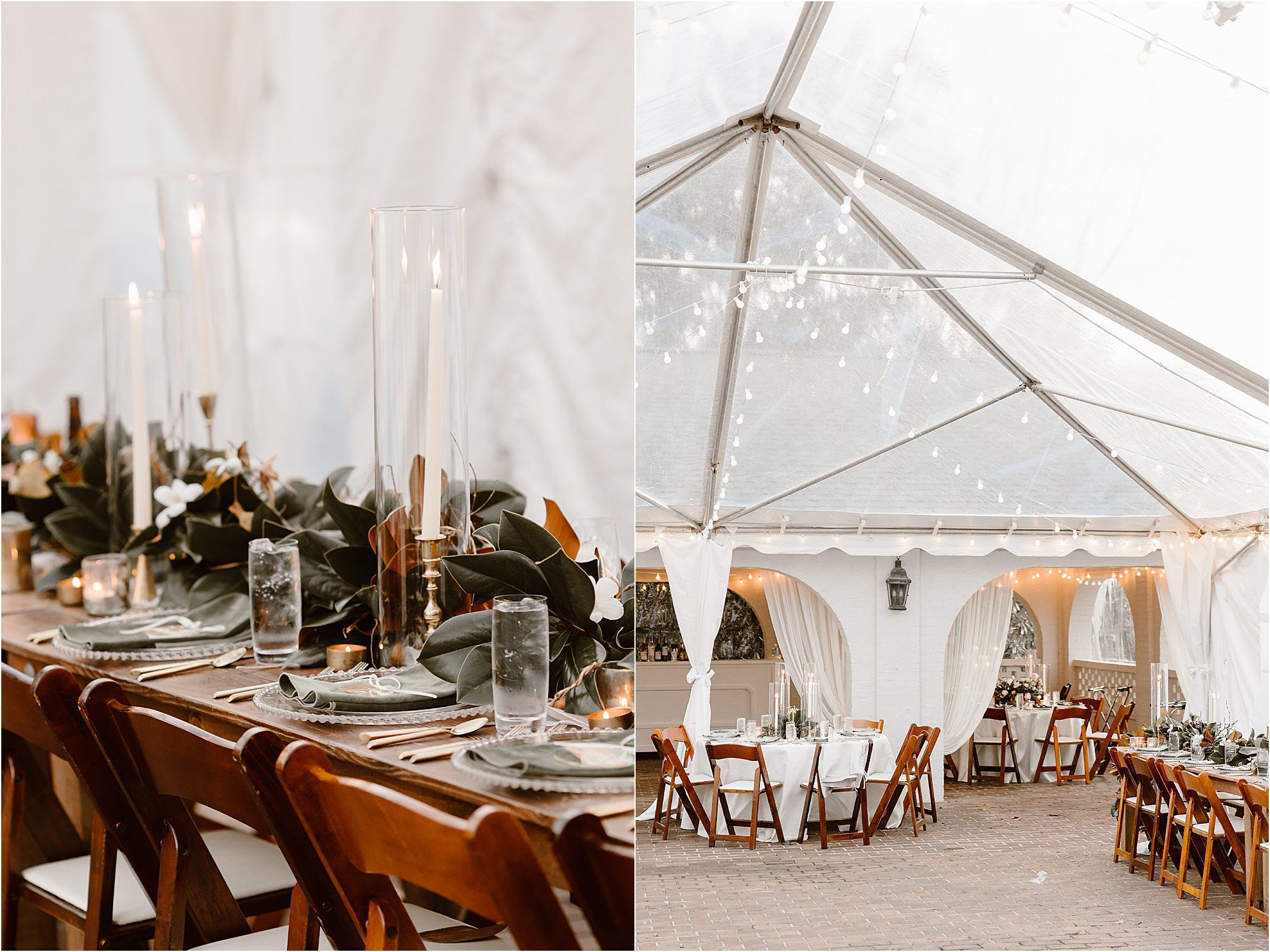 black-tie wedding reception underneath clear tent