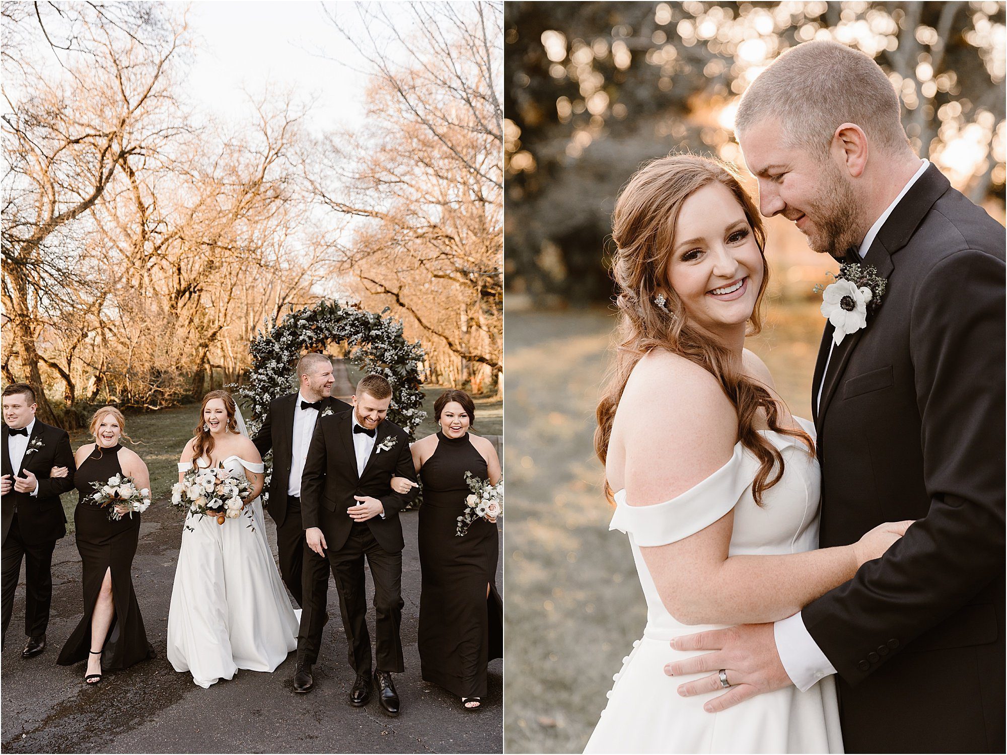 golden hour photos with wedding party and bride and groom
