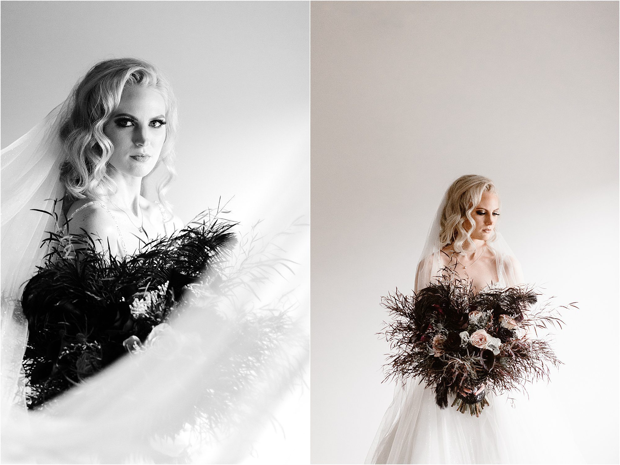 indoor bridal photos with large black feather bouquet