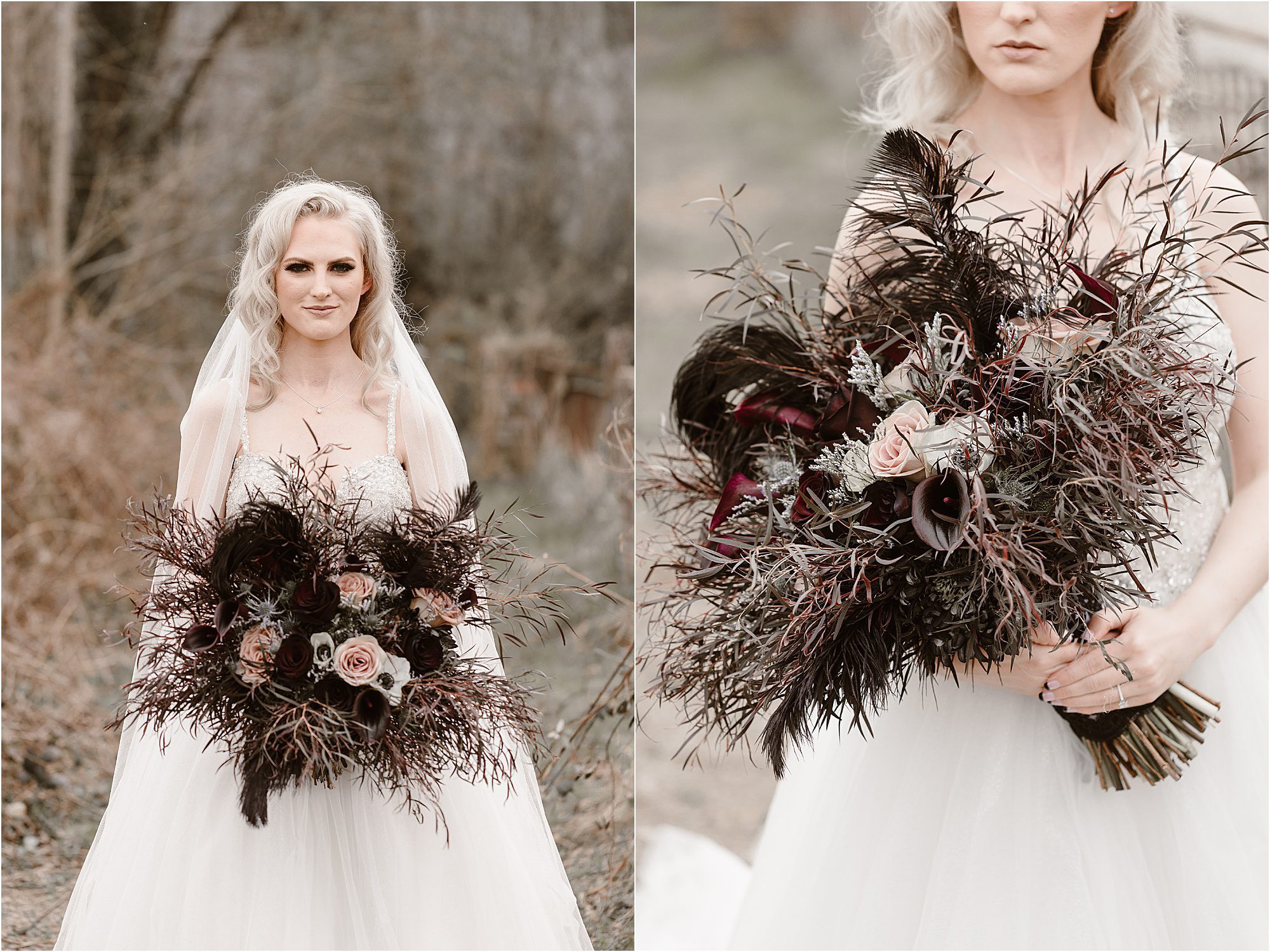 bride holding large black feather Halloween bouquet