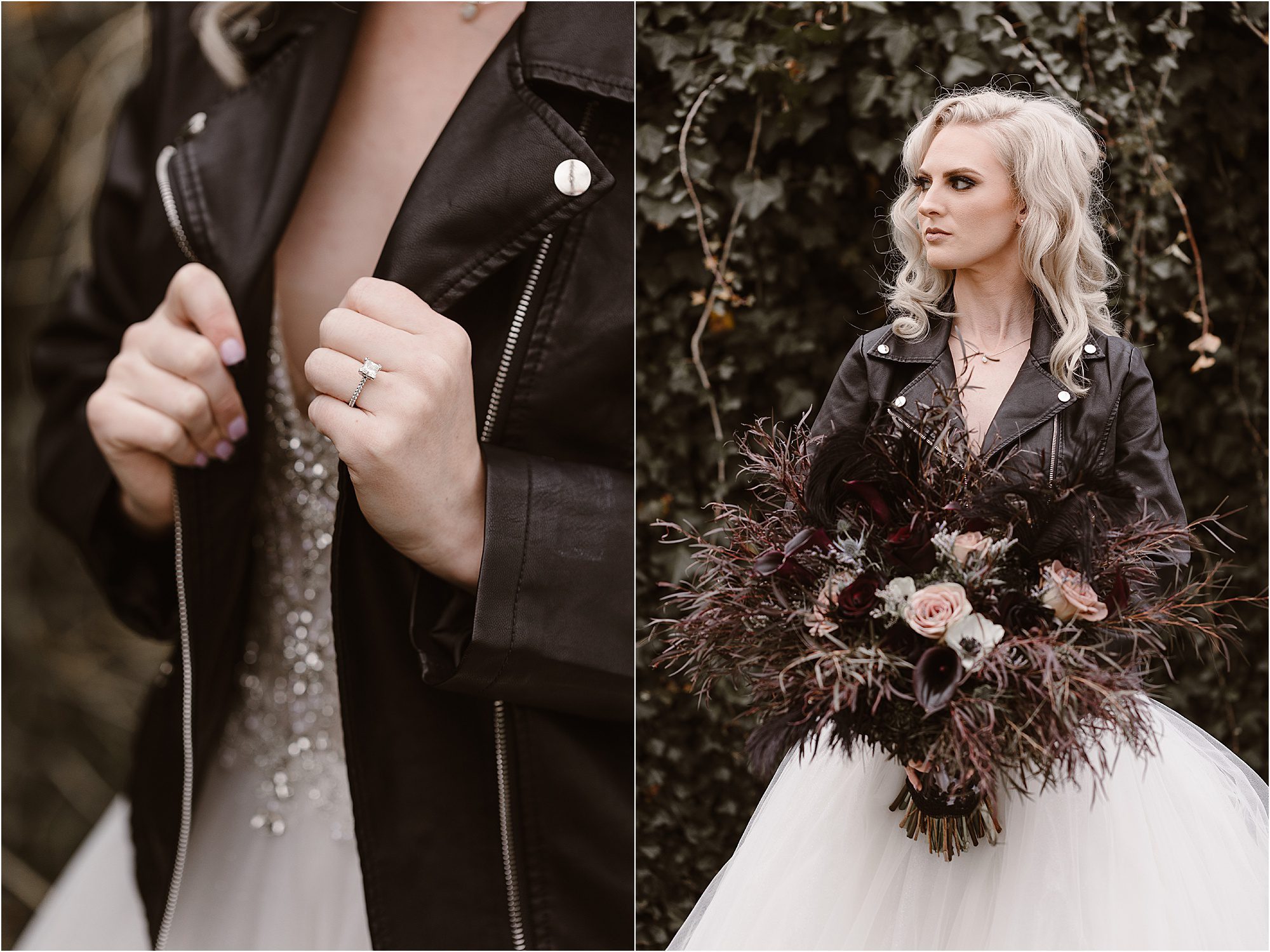 chic bride in black leather jacket holding black wedding bouquet