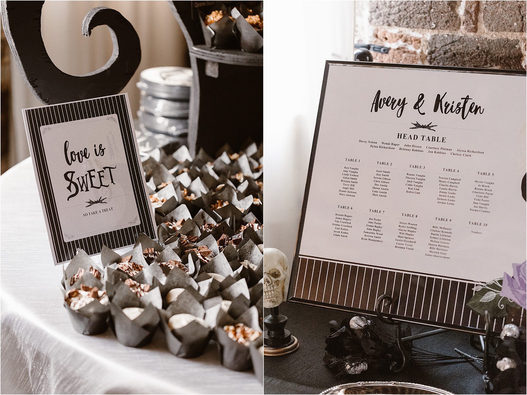 black and white seating chart with homemade cinnamon rolls