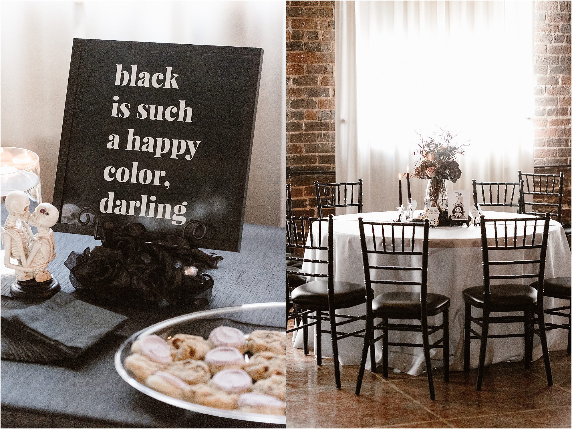 black and white signage for spooky wedding with Halloween theme
