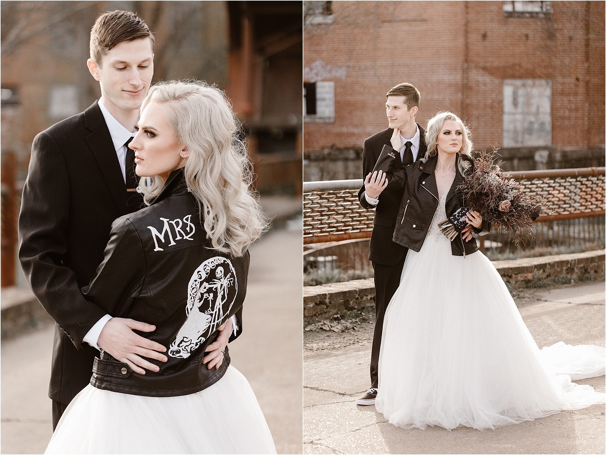 chic Halloween wedding with black bridal leather jacket