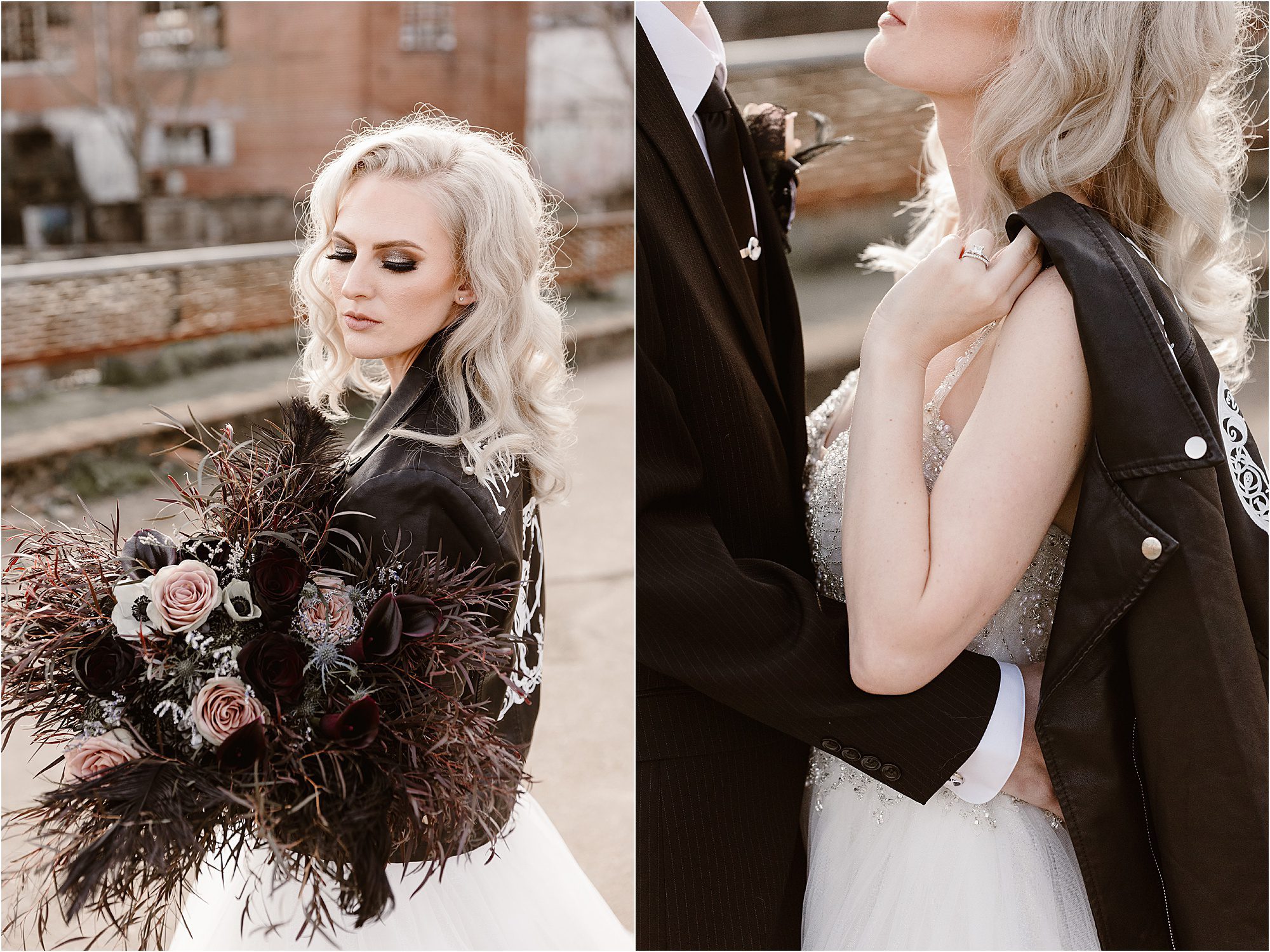 bride holding a black feather bouquet with a black leather wedding jacket
