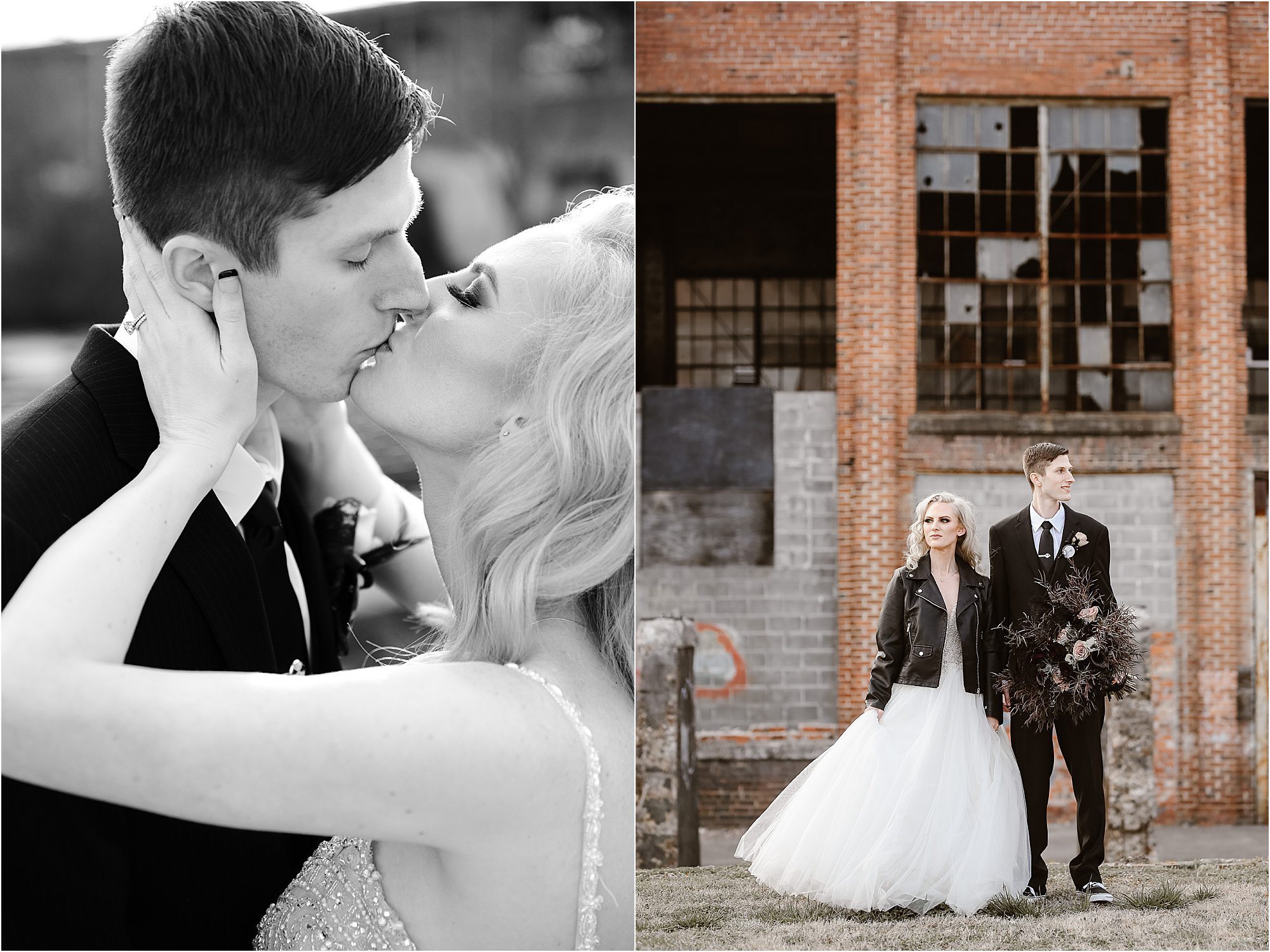 bride and groom kissing in front of warehouse in leather jackets