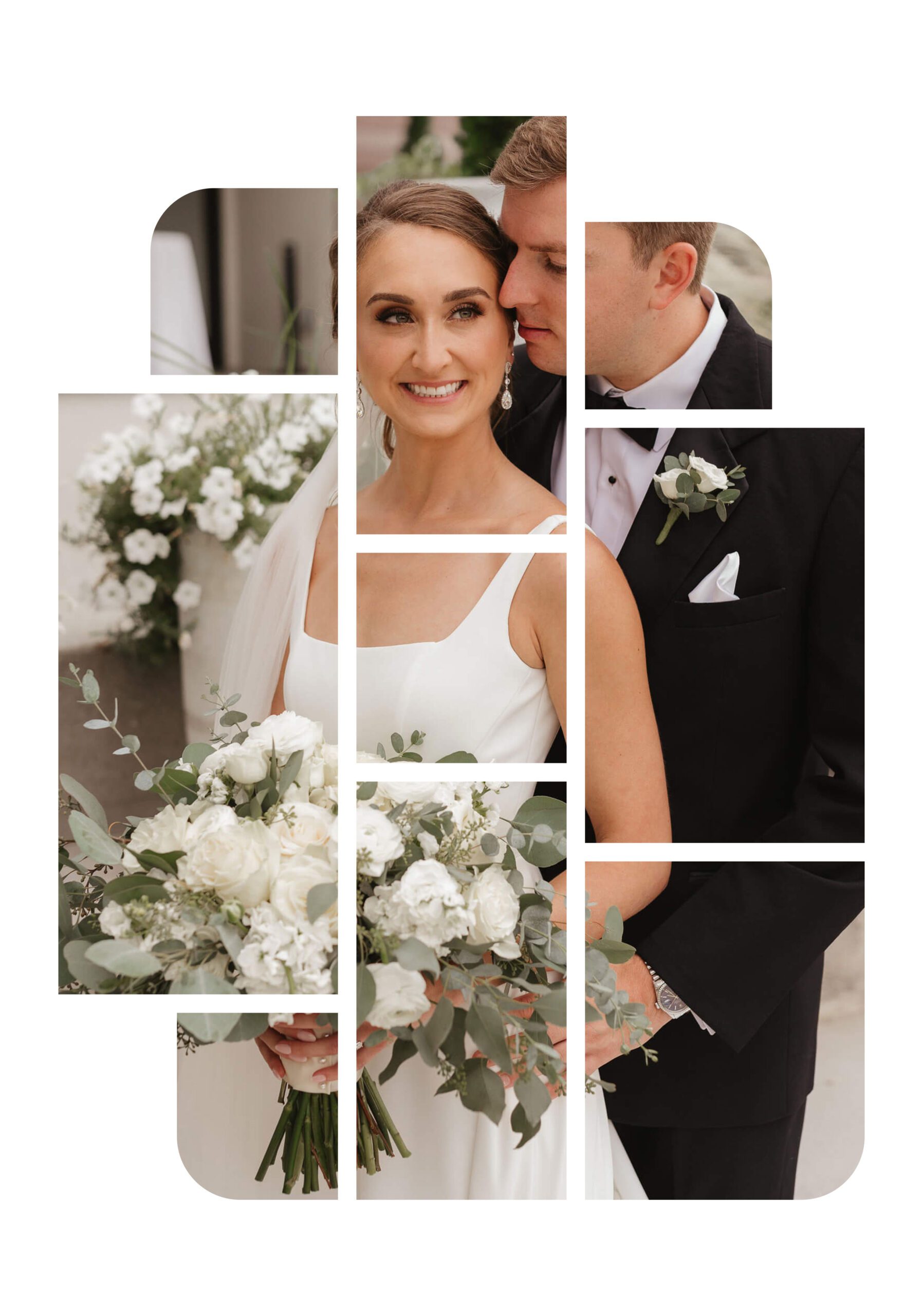 A collage of a bride and groom on their wedding day. The bride in a white dress holds a bouquet of white flowers and greenery, while the groom in a black tuxedo stands close. They are surrounded by floral arrangements.