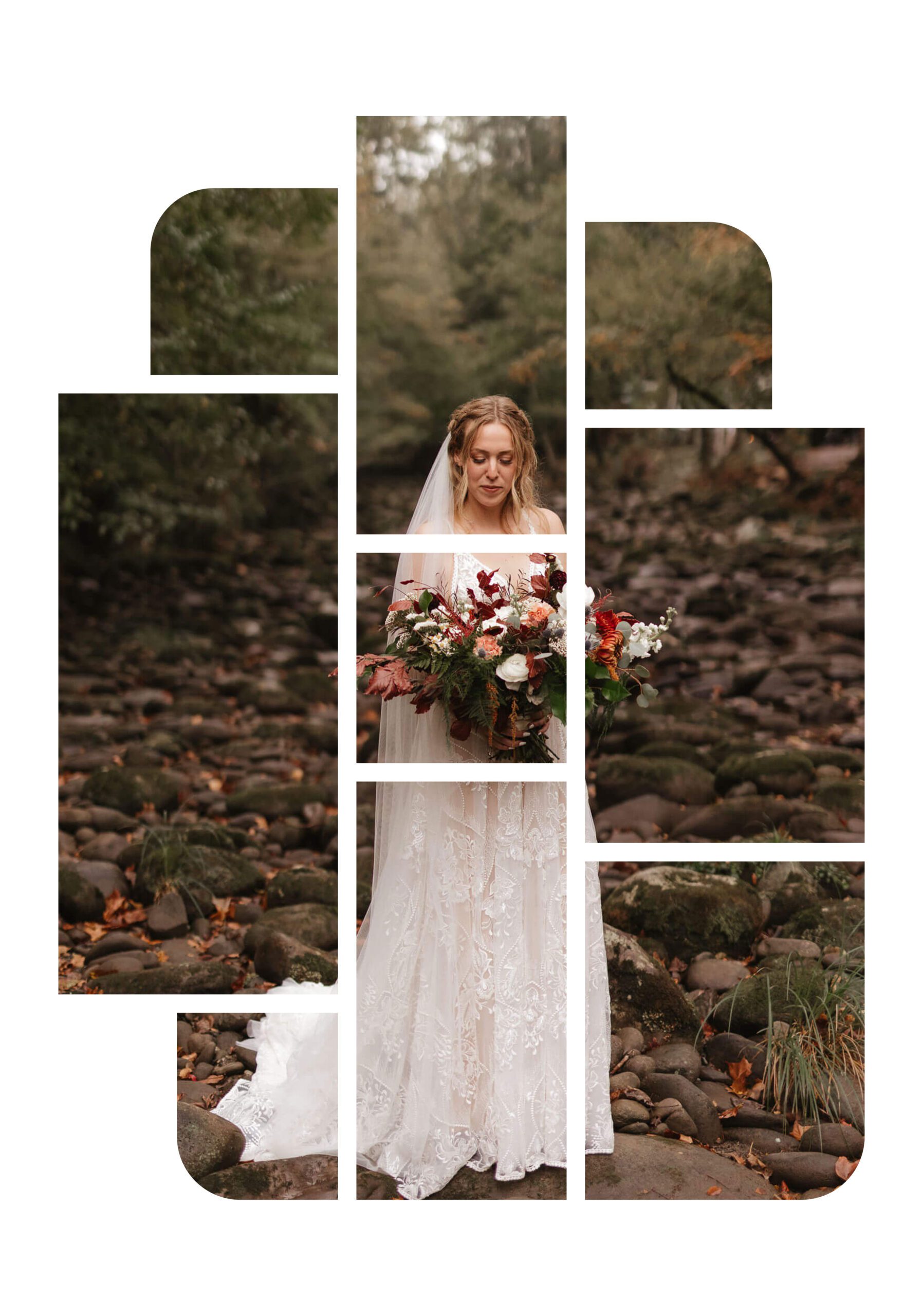 Bride holding a bouquet stands on a rocky path in a forest. Her lacy gown and veil complement the scenic, earthy setting. The image is artistically segmented into geometric shapes.