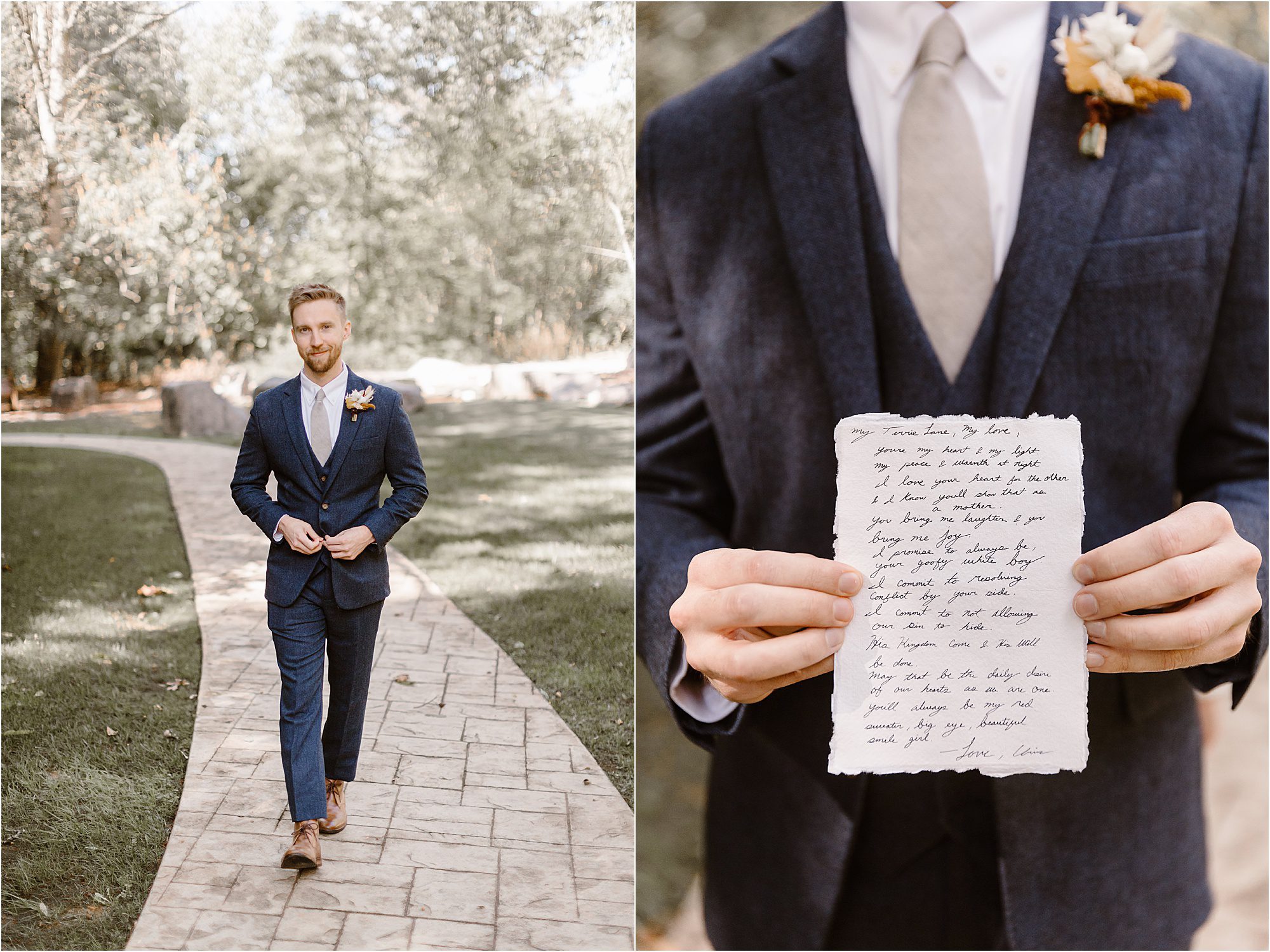 groom in blue suit walking with personal vows