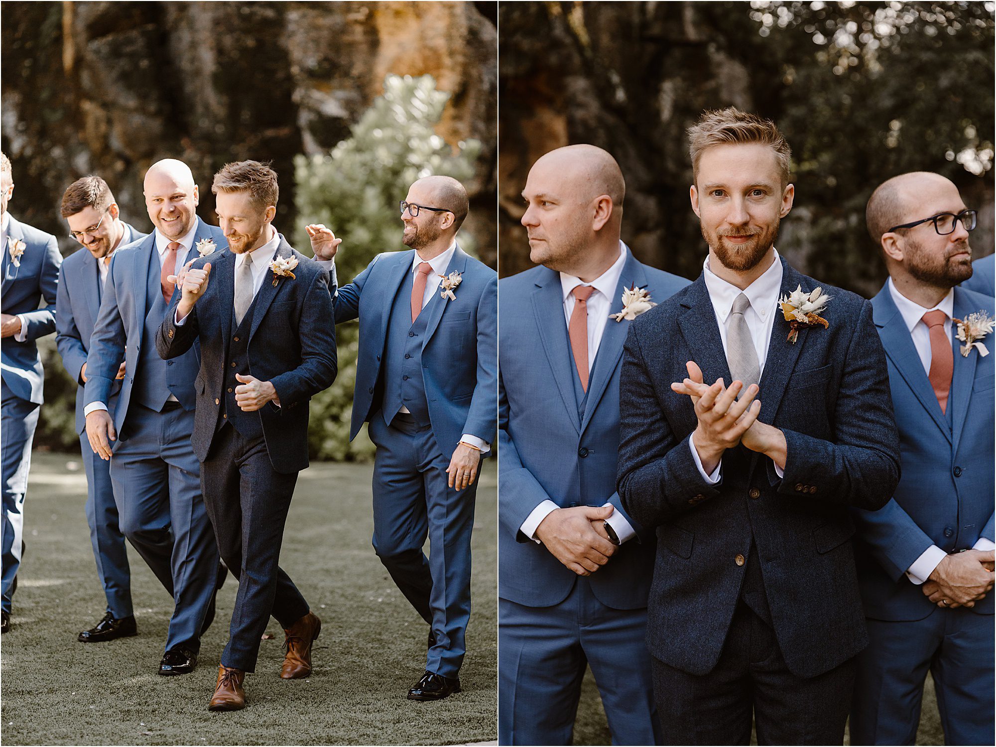 groom in navy blue suit walking with groomsmen in light blue suits