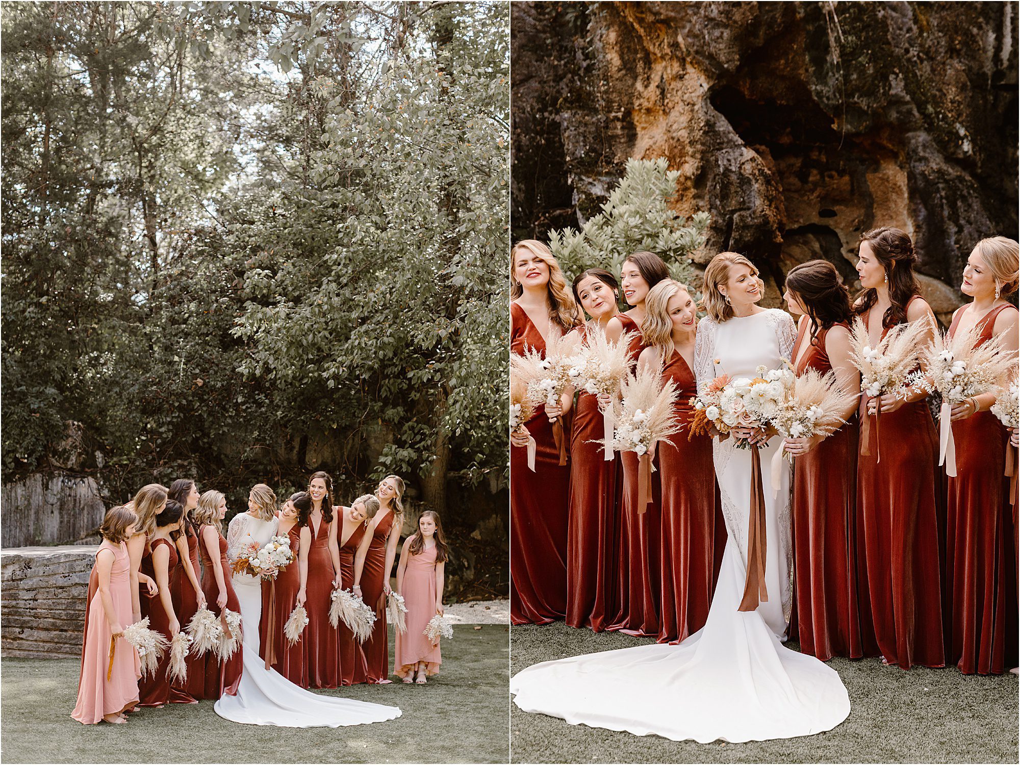 bridesmaids in velvet orange dresses at autumnal wedding