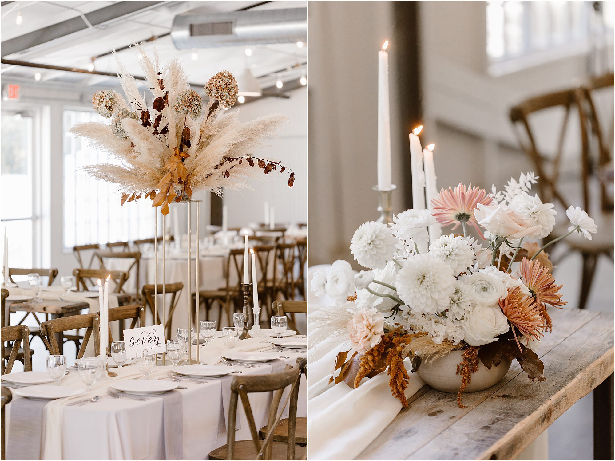 autumnal wedding reception decorations with lush flowers and pampas grass decorations