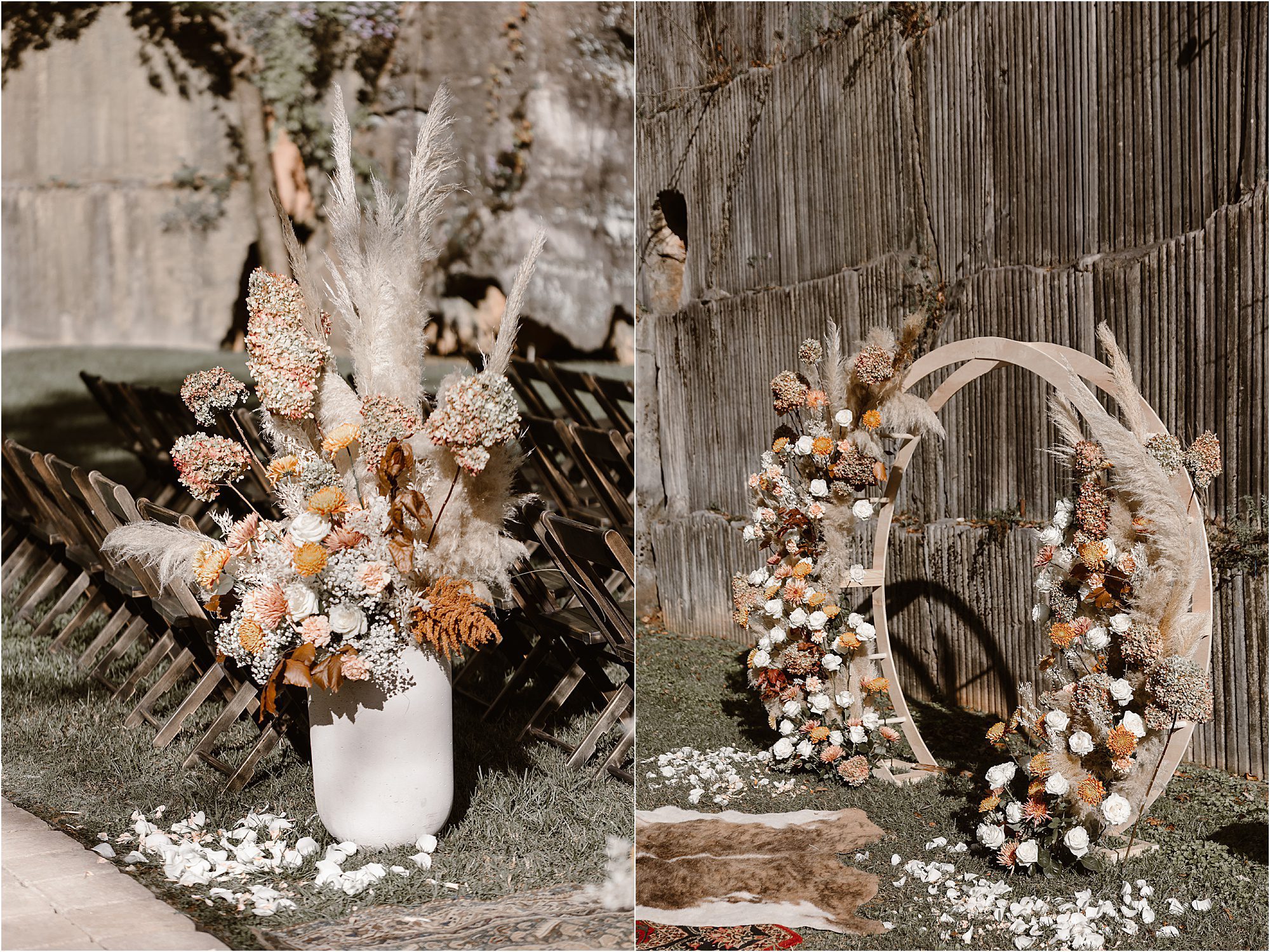 earthy autumnal wedding ceremony decorations in cream and orange flowers