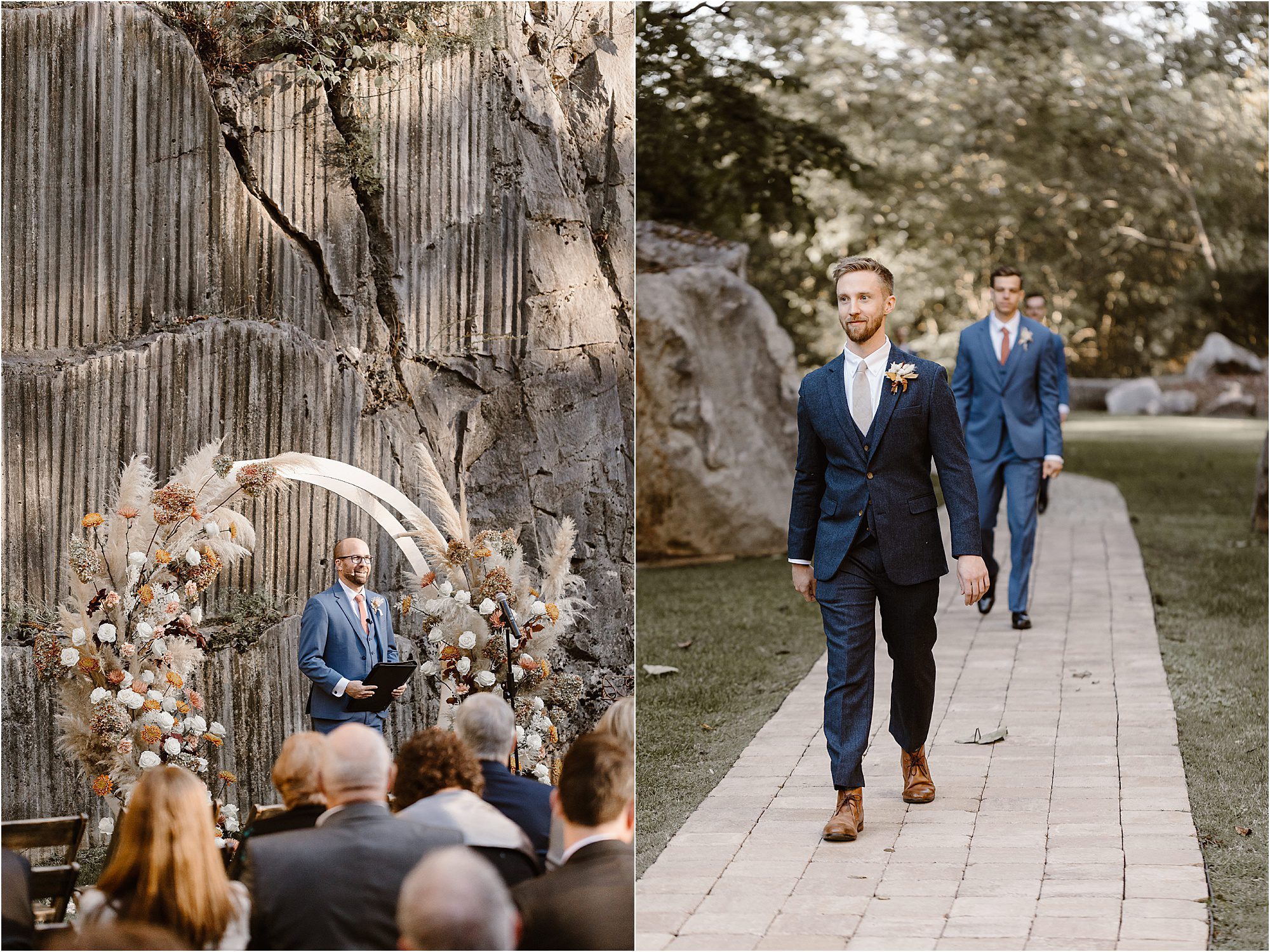 groom in blue navy suit walking into wedding ceremony